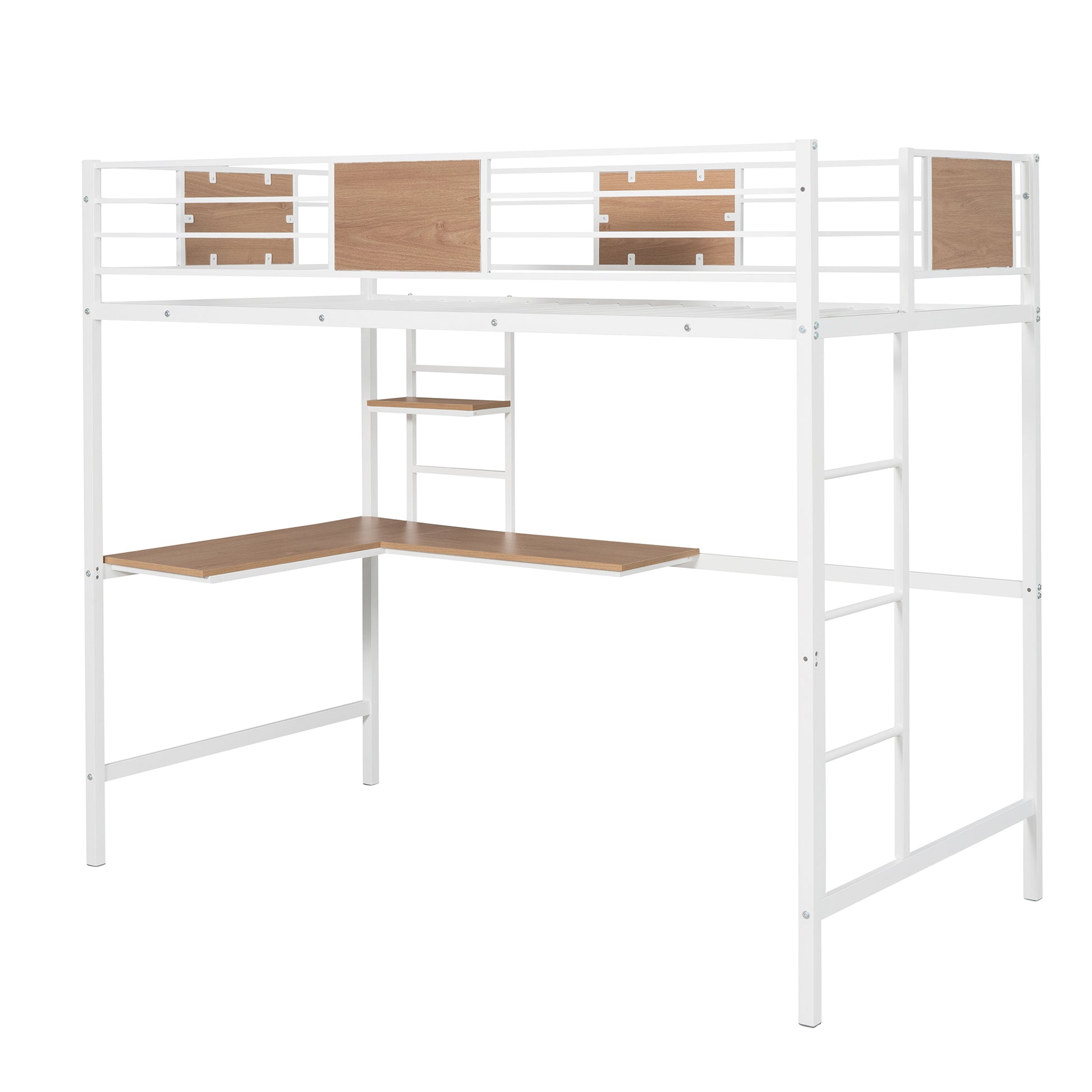 Twin Metal Loft Bed With Desk And Shelve,White Twin White Metal