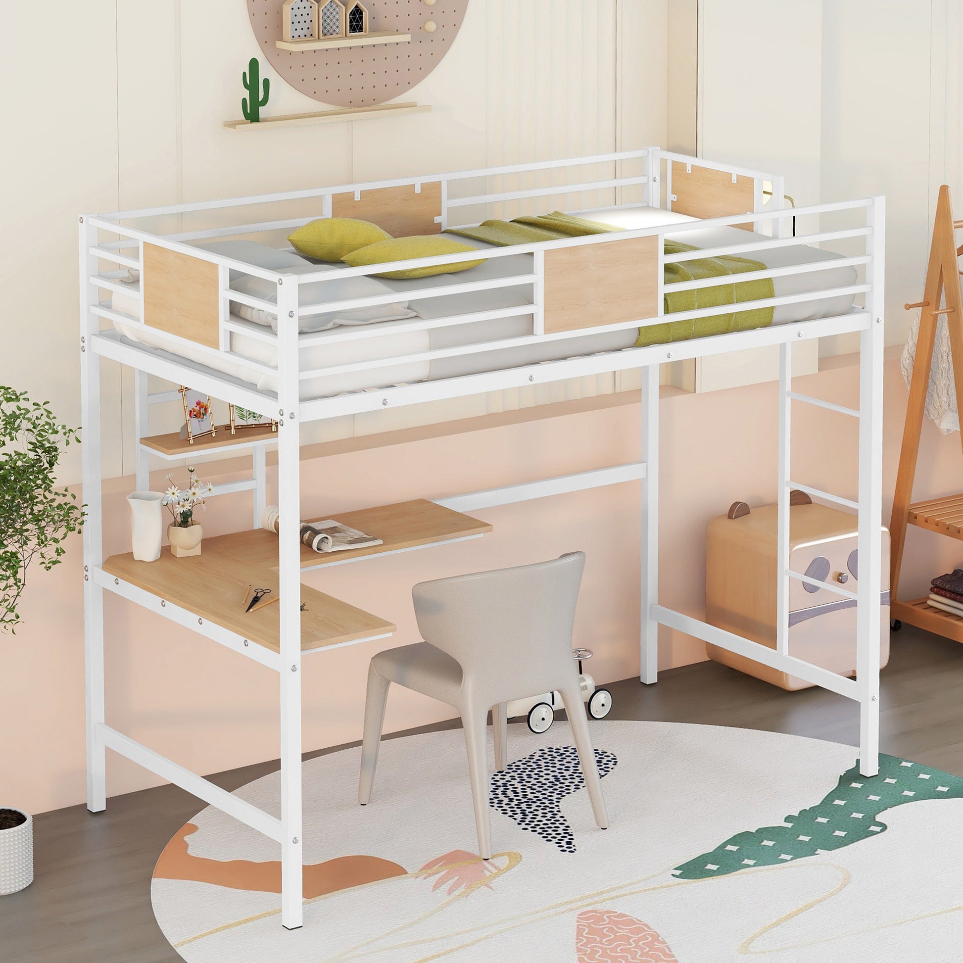 Twin Metal Loft Bed With Desk And Shelve,White Twin White Metal