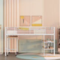 Twin Size Metal Loft Bed With Desk And Shelves,White Twin White Metal
