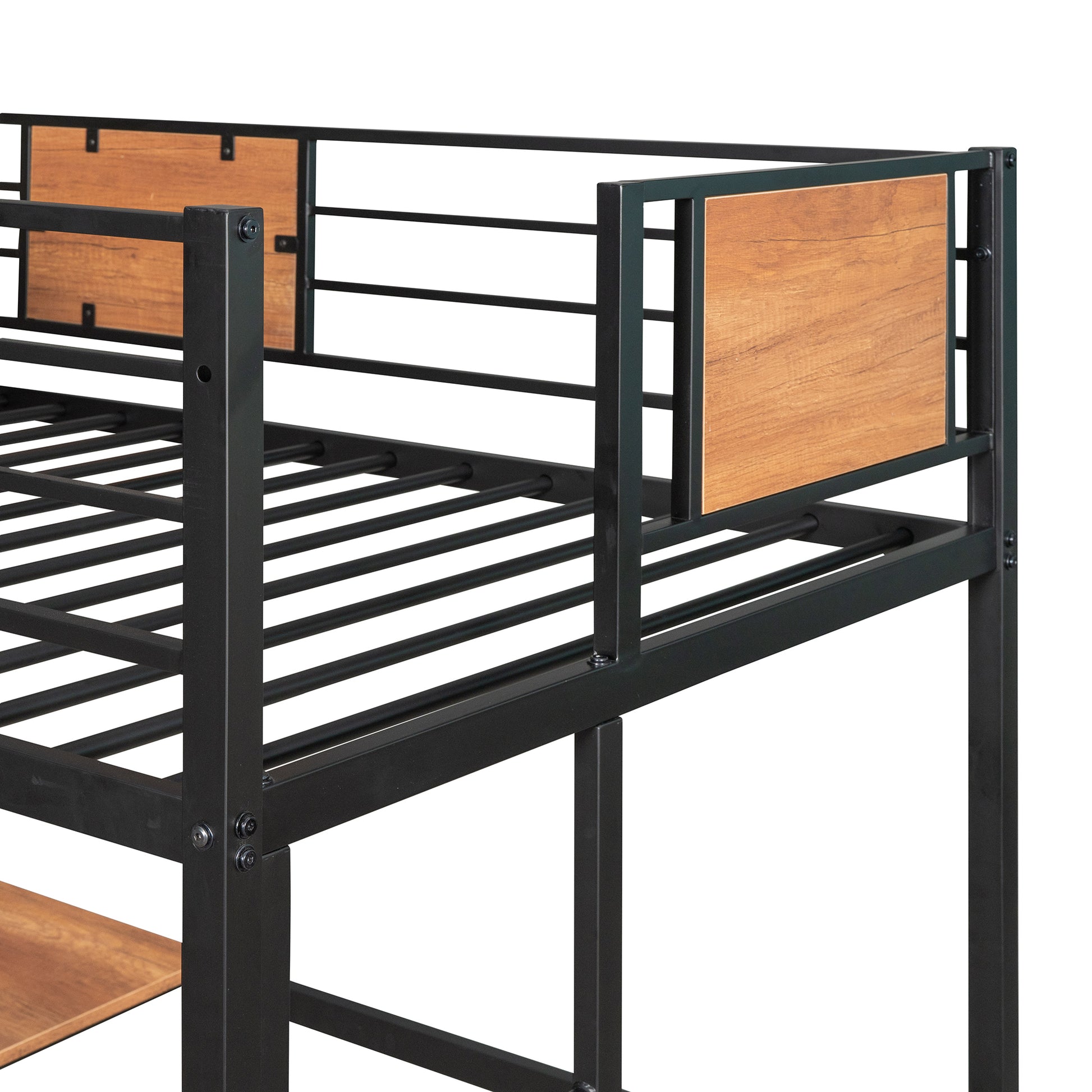 Twin Metal Loft Bed With Desk And Shelve,Black Twin Black Metal