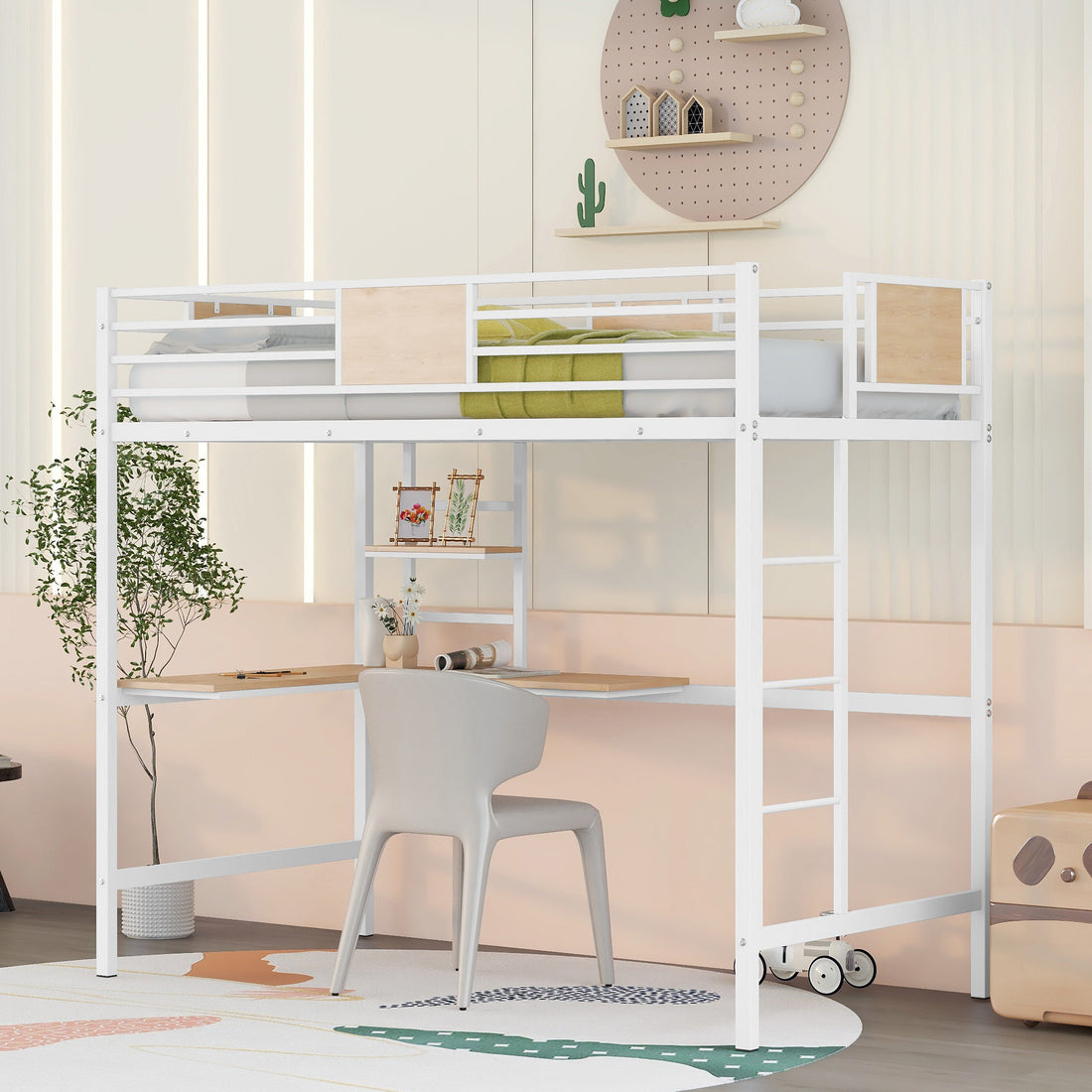 Twin Metal Loft Bed With Desk And Shelve,White Twin White Metal