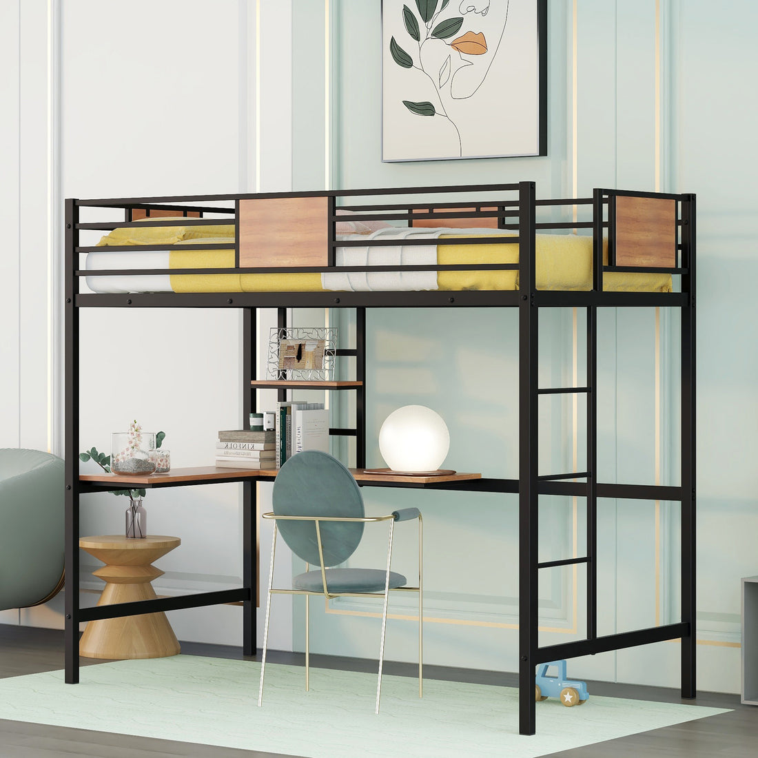 Twin Metal Loft Bed With Desk And Shelve,Black Twin Black Metal