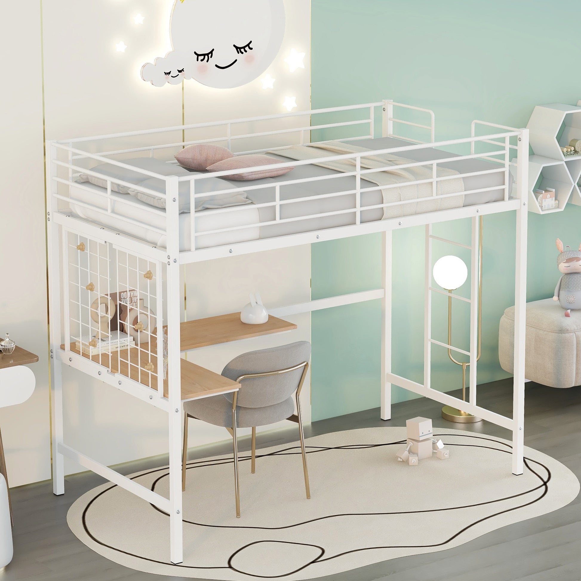 Twin Metal Loft Bed With Desk And Metal Grid,White Twin White Metal