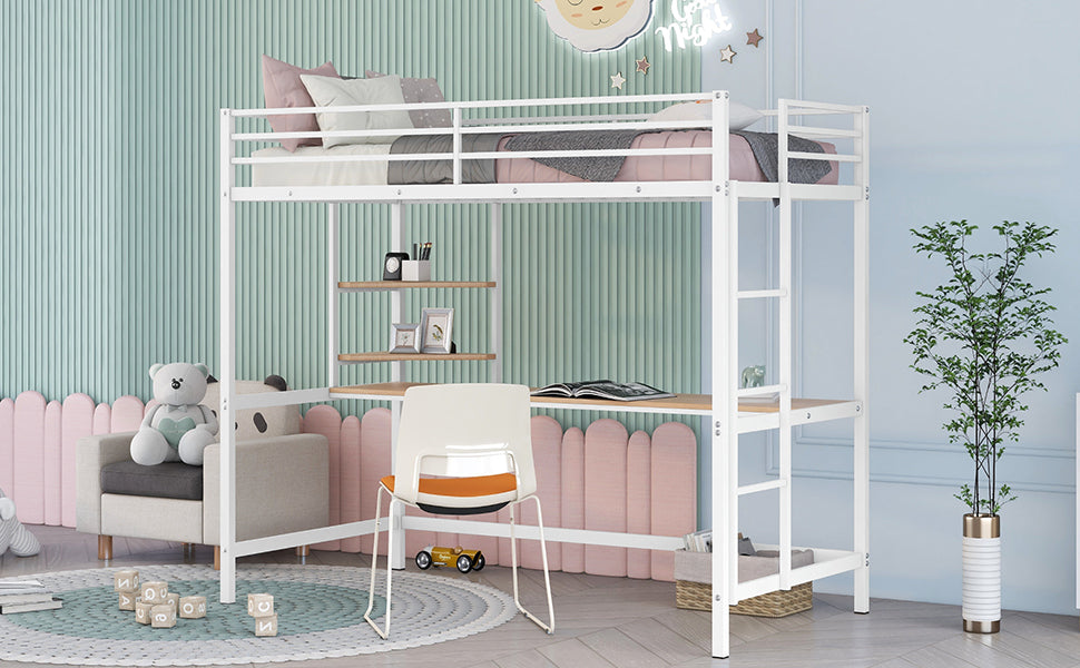 Twin Metal Loft Bed With Desk And Shelve,White White Metal