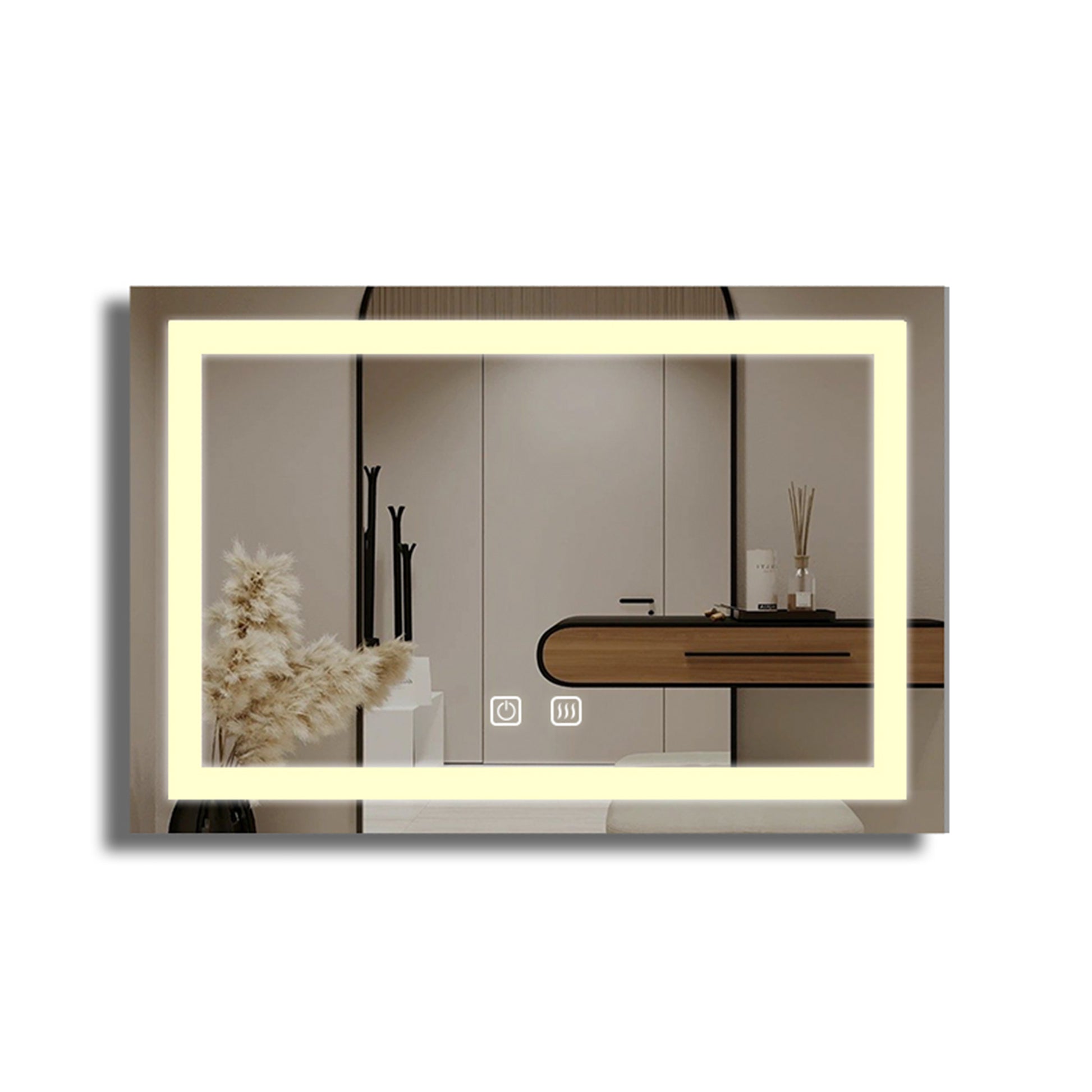 36X28 Inch Frameless Rectangular Anti Fog Touch Sensor Led Bathroom Mirror With Dimmable And Memory Functions Modern Wall Mounted Vanity Mirror Silver Glass