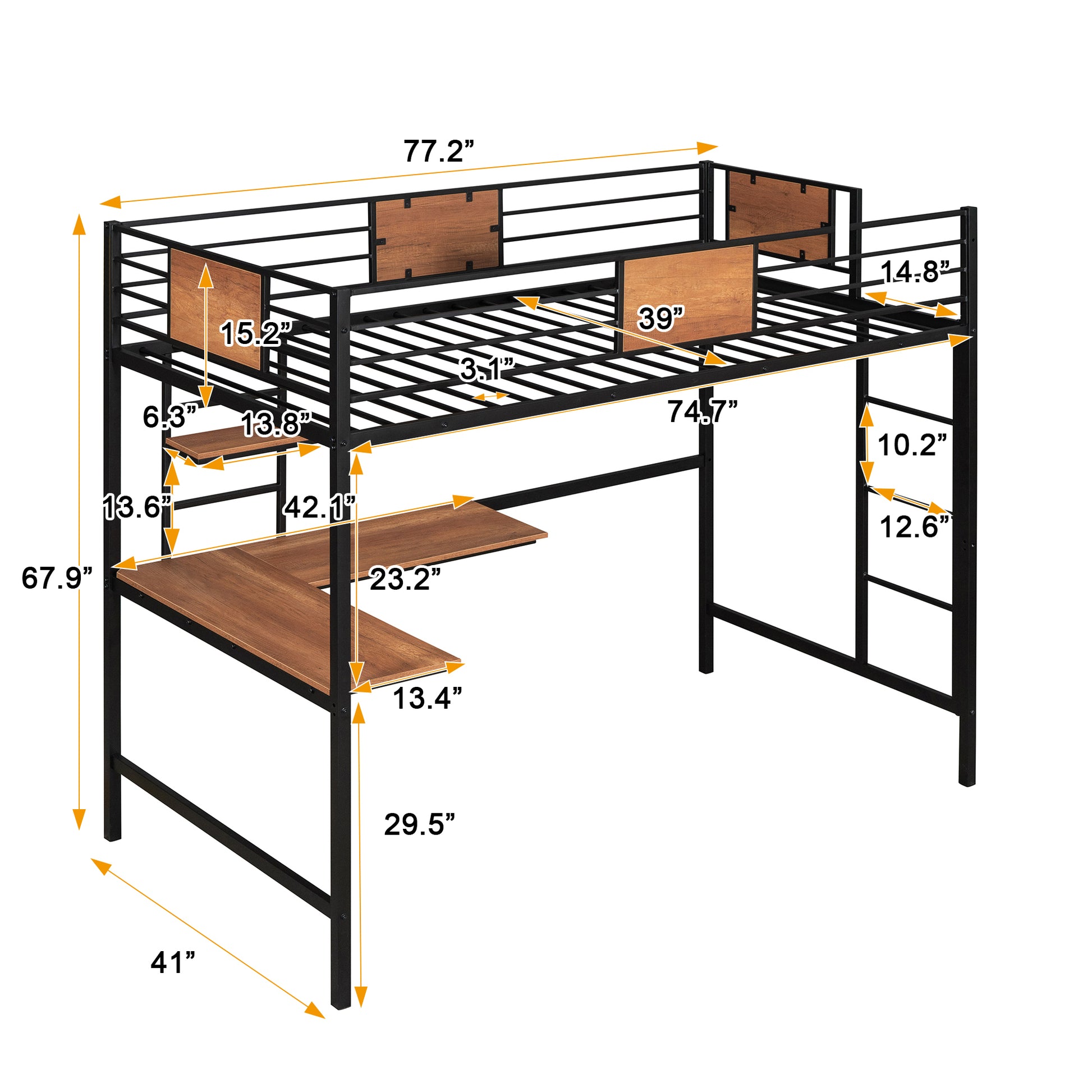 Twin Metal Loft Bed With Desk And Shelve,Black Twin Black Metal