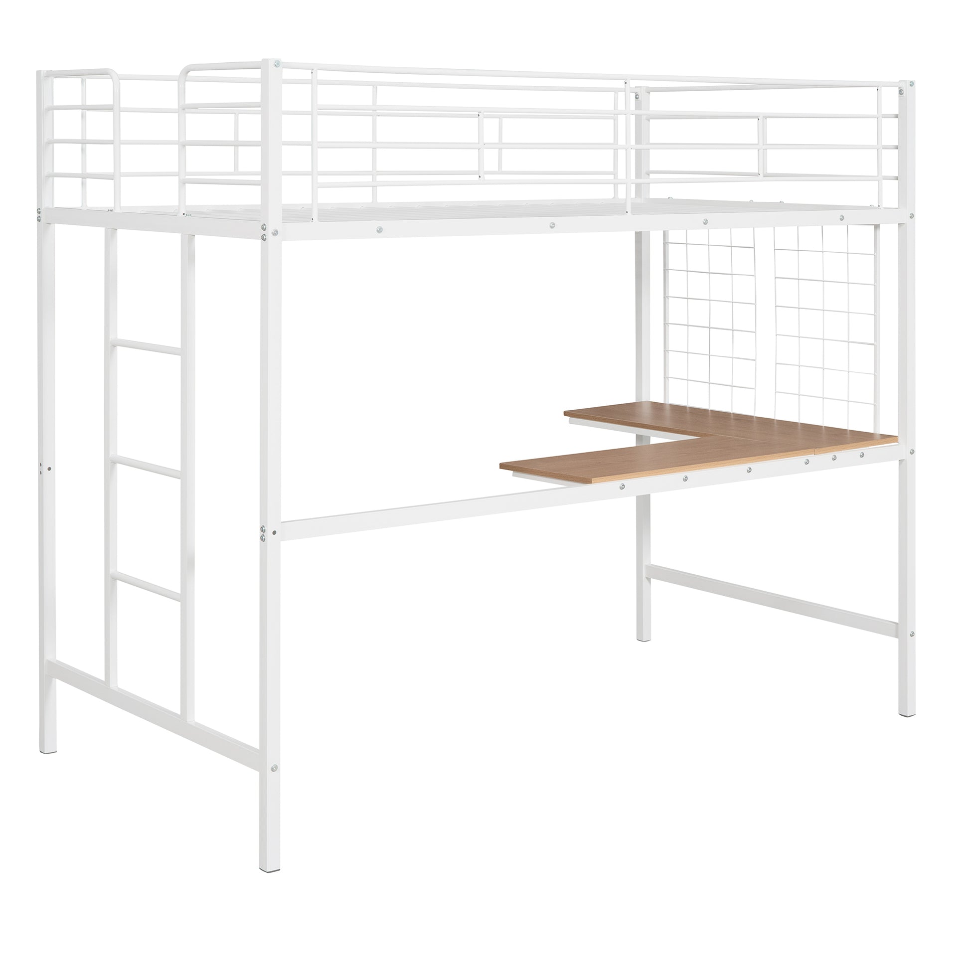 Twin Metal Loft Bed With Desk And Metal Grid,White Twin White Metal