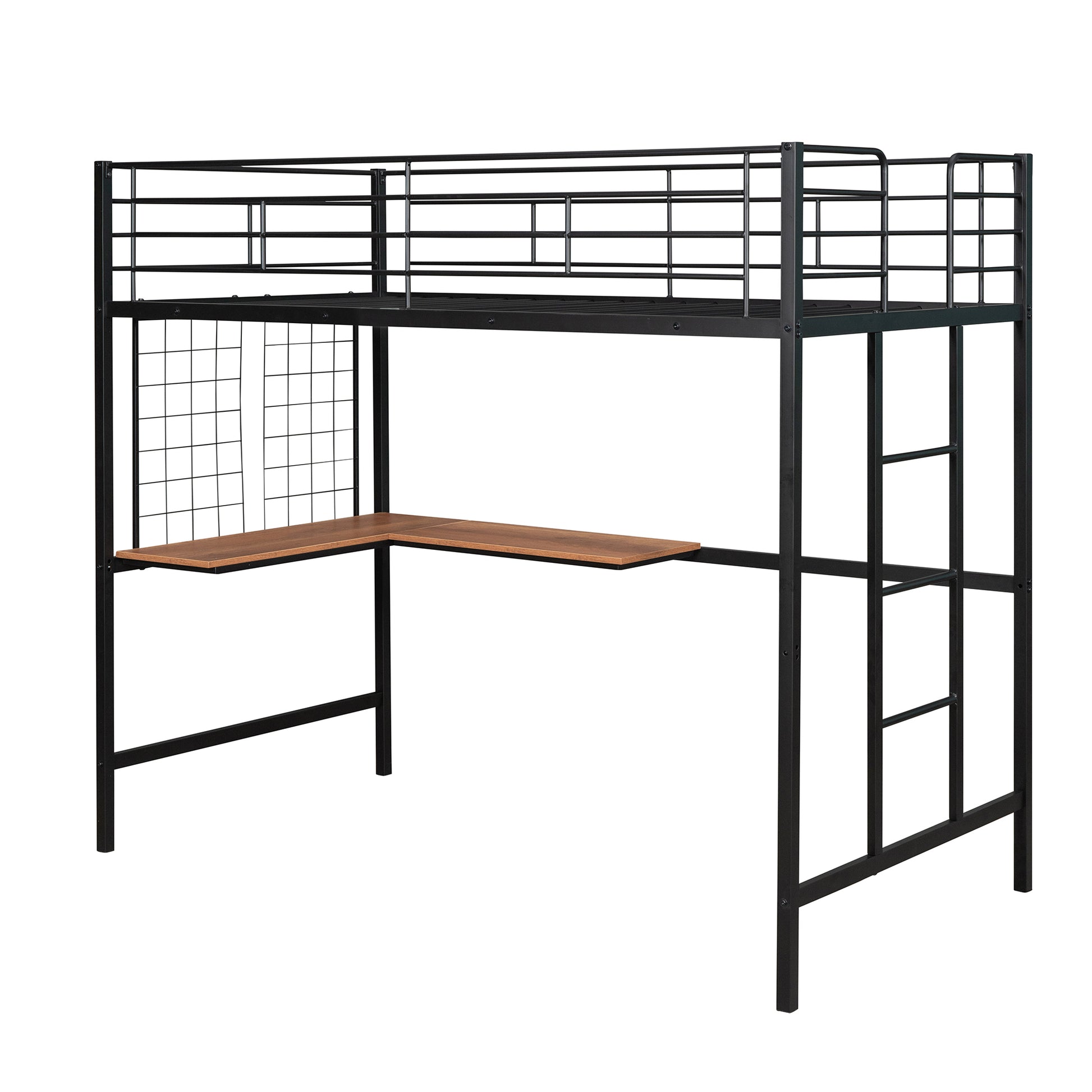 Twin Metal Loft Bed With Desk And Metal Grid,Black Twin Black Metal