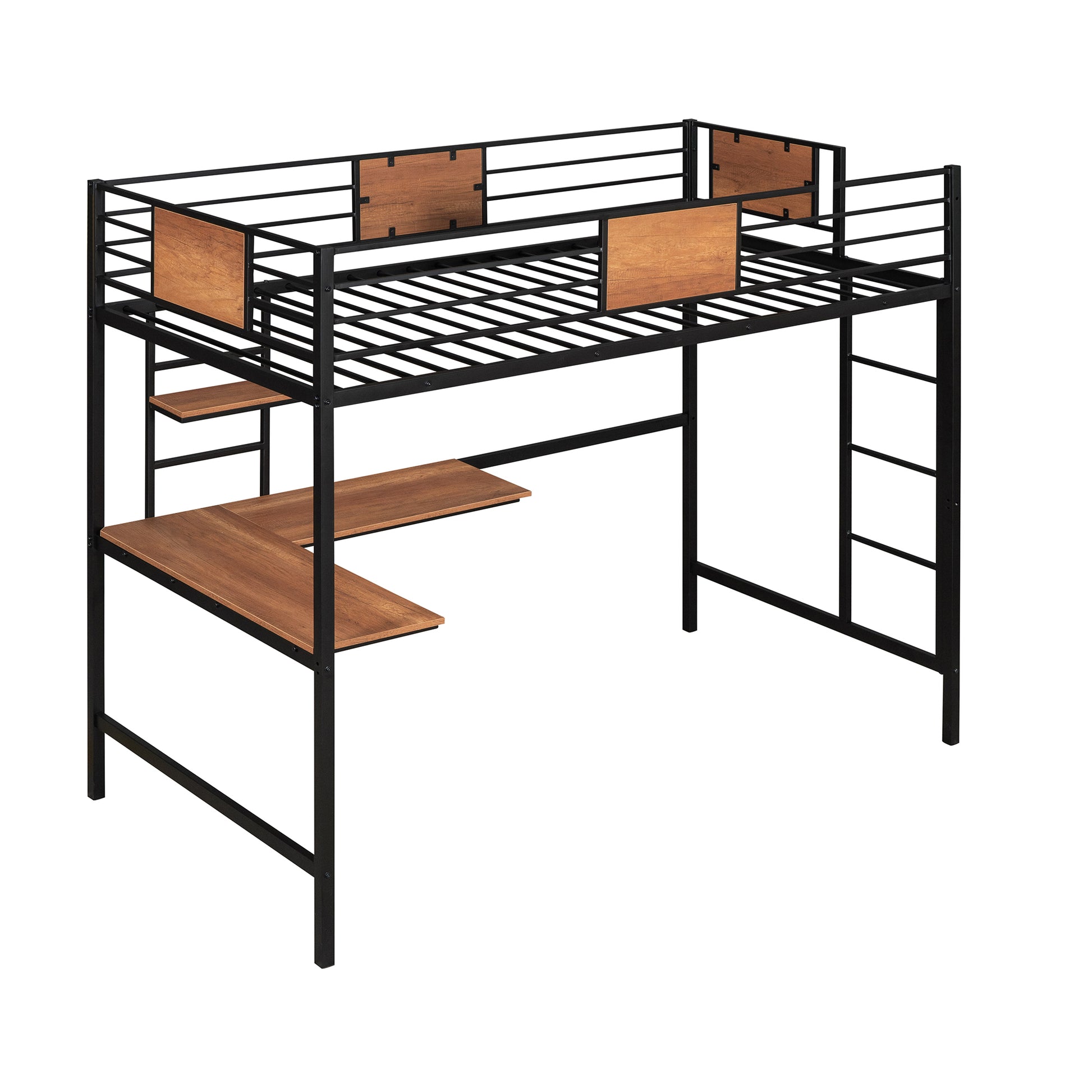 Twin Metal Loft Bed With Desk And Shelve,Black Twin Black Metal