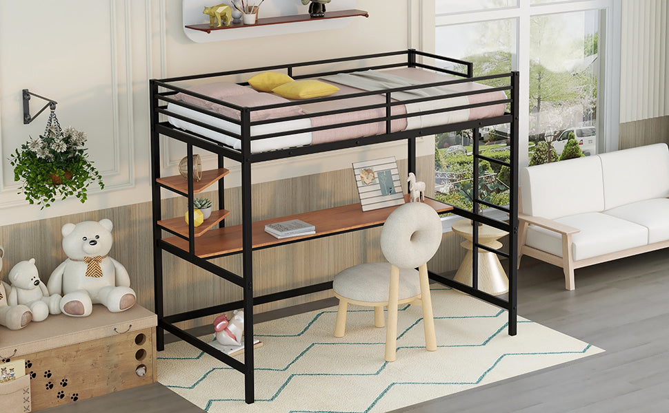 Twin Metal Loft Bed With Desk And Shelve,Black Black Metal