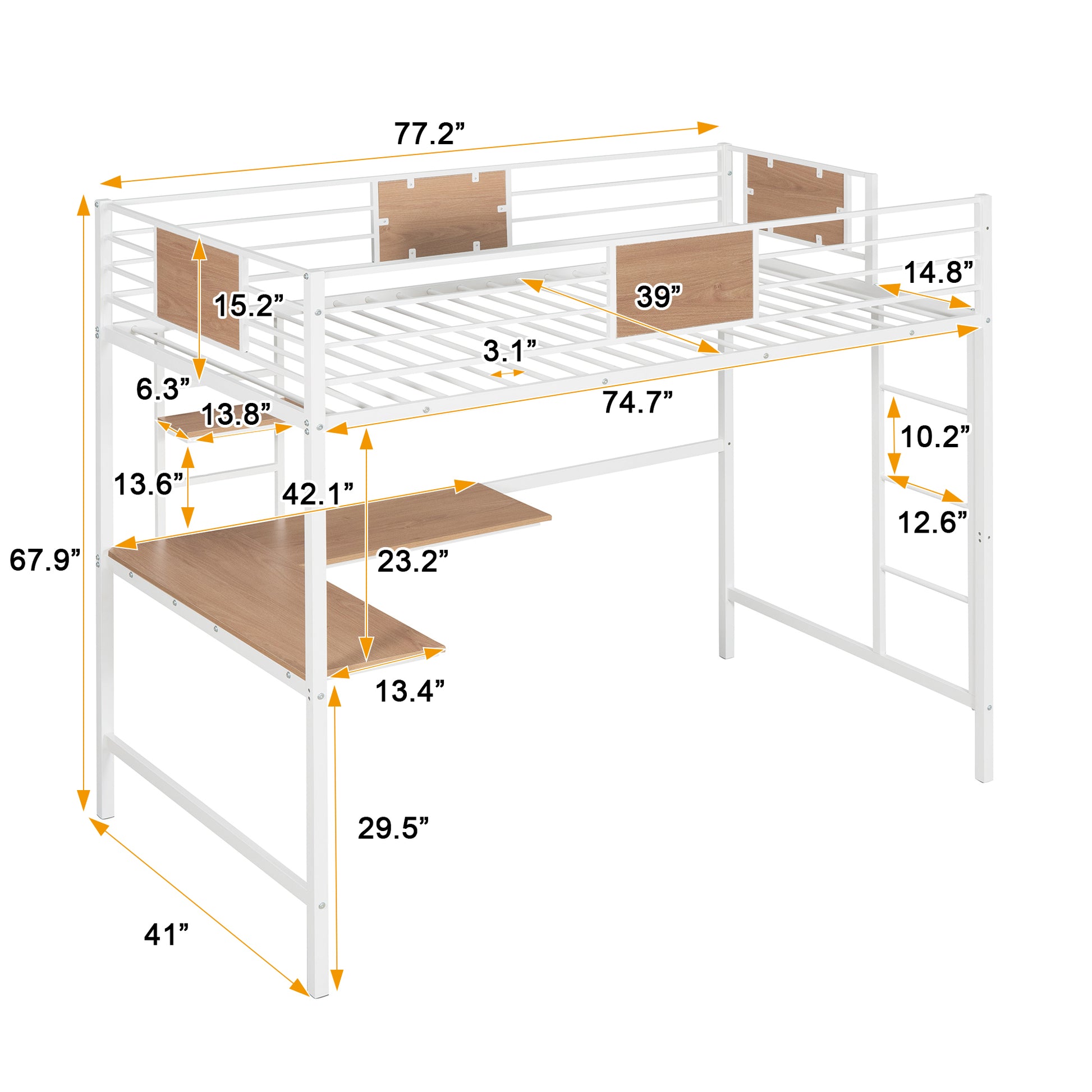 Twin Metal Loft Bed With Desk And Shelve,White Twin White Metal