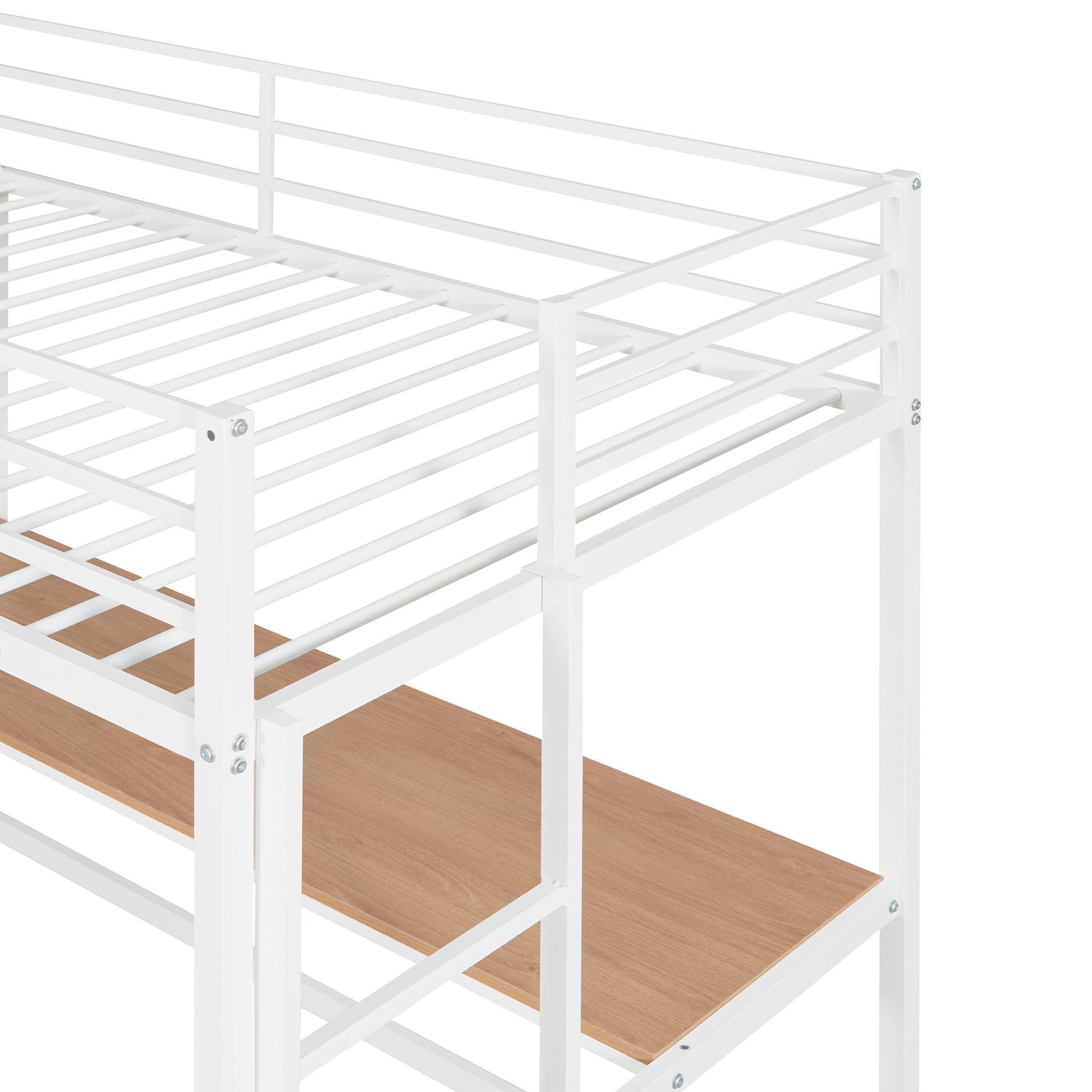 Twin Metal Loft Bed With Desk And Shelve,White White Metal