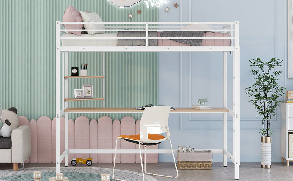 Twin Metal Loft Bed With Desk And Shelve,White White Metal