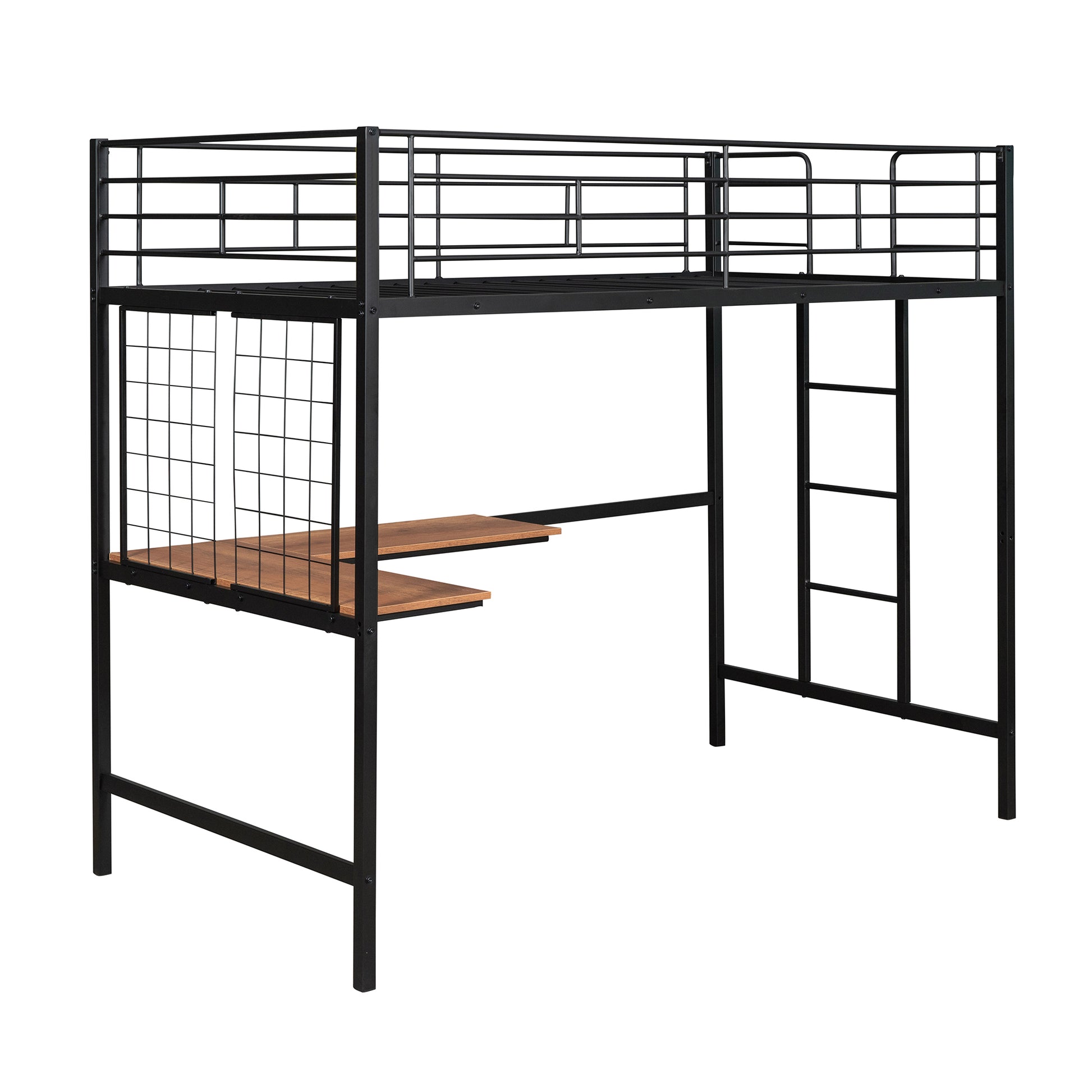 Twin Metal Loft Bed With Desk And Metal Grid,Black Twin Black Metal