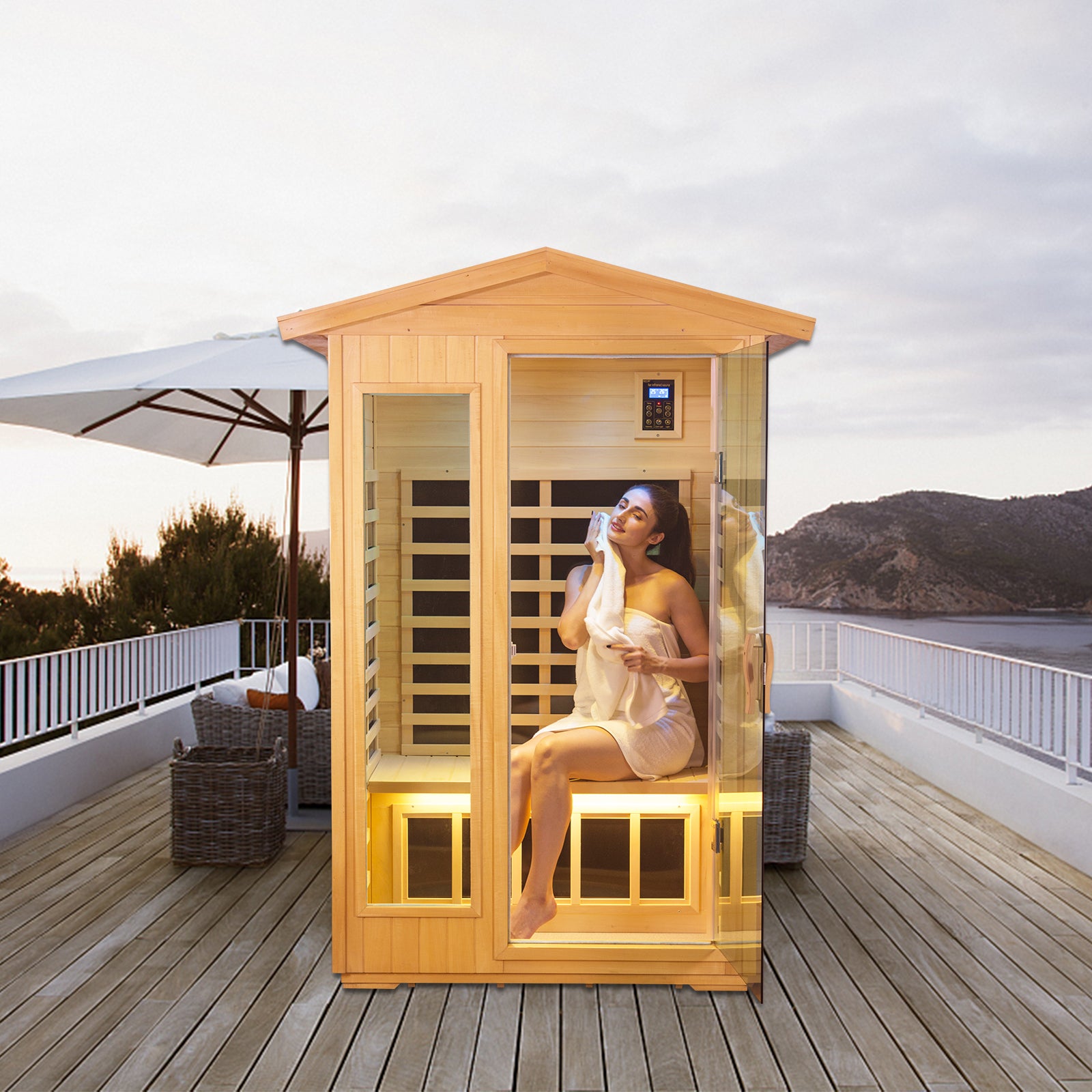 Two Person Basswood Far Infrared Outdoor Sauna Room Natural Wood Solid Wood