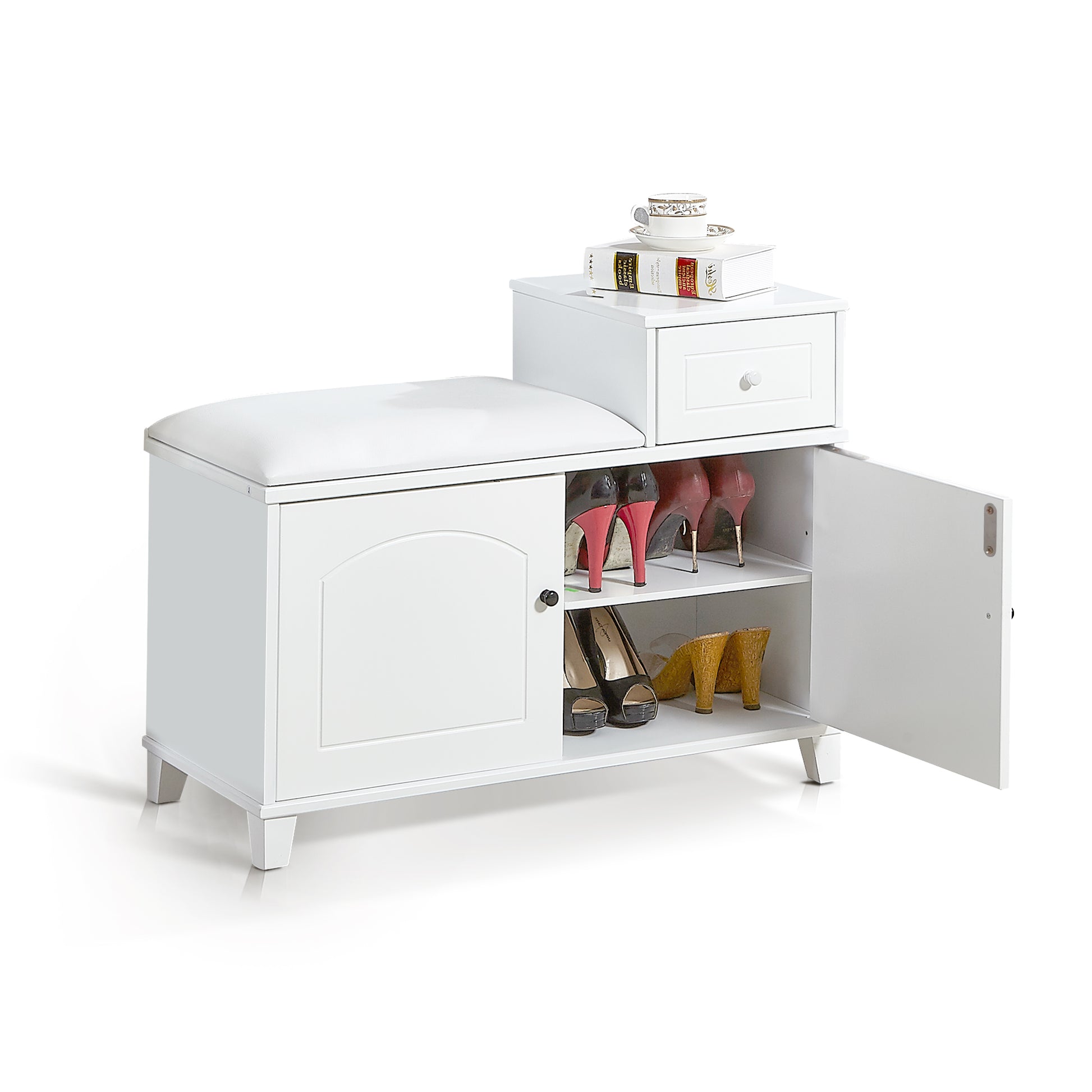 White Shoe Storage Bench Cabinet With Fireproof Pu Cushion, Double Doors And Movable Drawer Wood For Door Entrance White Mdf Mdf