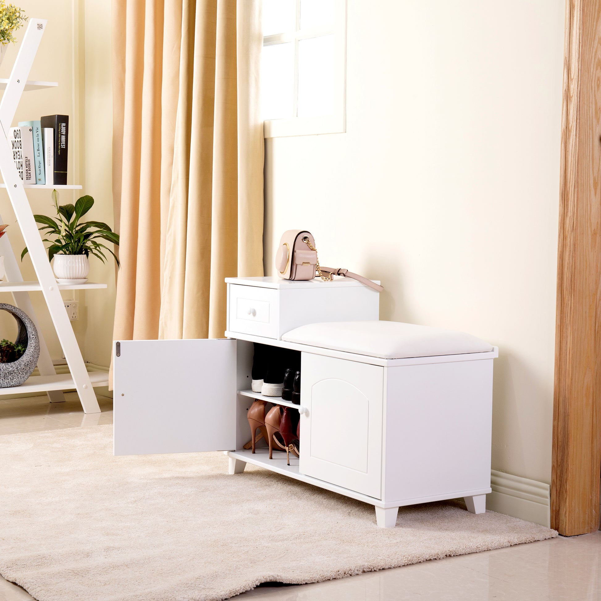 White Shoe Storage Bench Cabinet With Fireproof Pu Cushion, Double Doors And Movable Drawer Wood For Door Entrance White Mdf Mdf