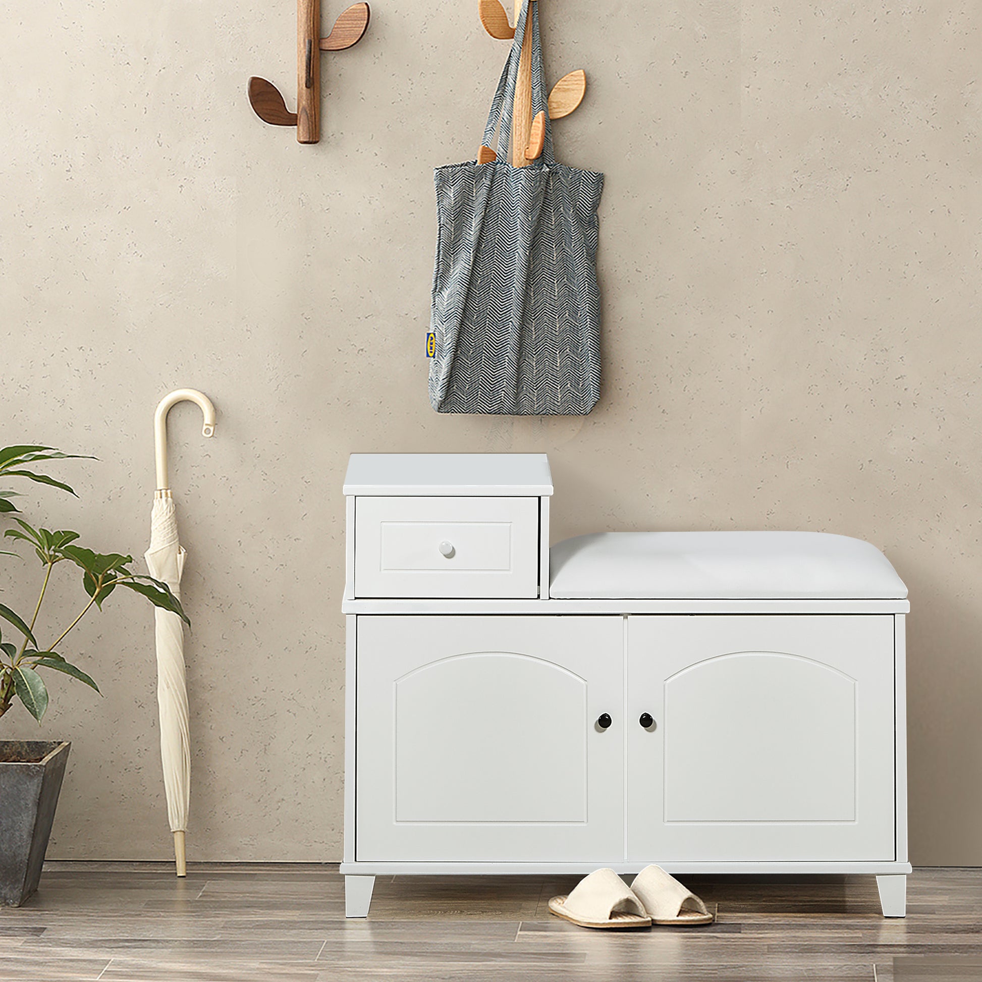 White Shoe Storage Bench Cabinet With Fireproof Pu Cushion, Double Doors And Movable Drawer Wood For Door Entrance White Mdf Mdf