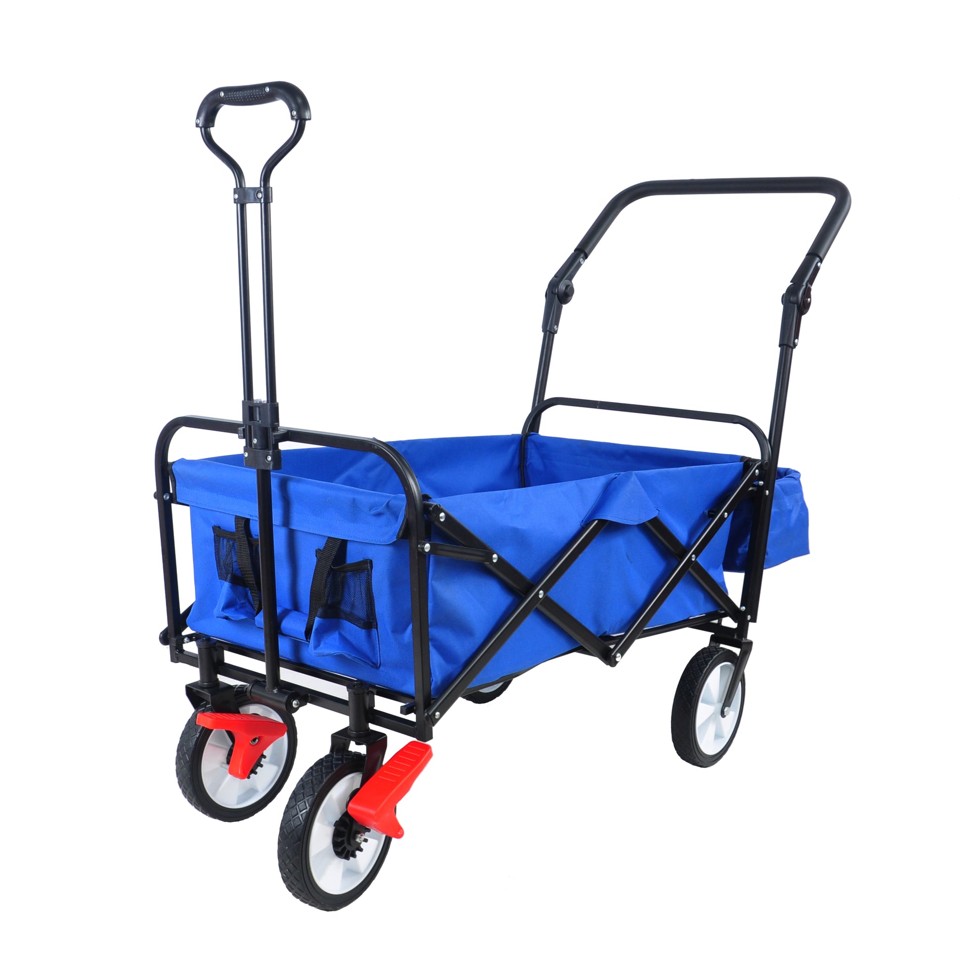 Folding Wagon Collapsible Outdoor Utility Wagon, Heavy Duty Folding Garden Portable Hand Cart, Drink Holder, Adjustable Handles Blue Steel