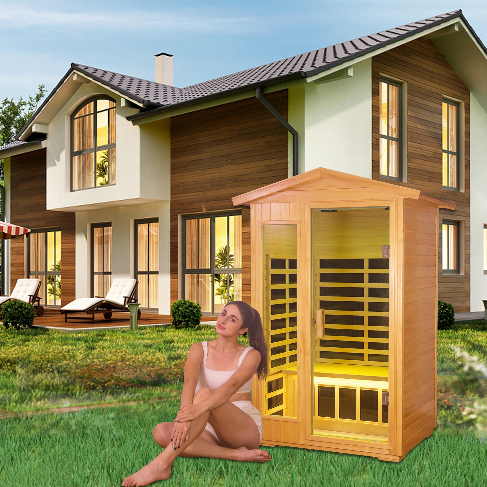 Two Person Basswood Far Infrared Outdoor Sauna Room Natural Wood Solid Wood