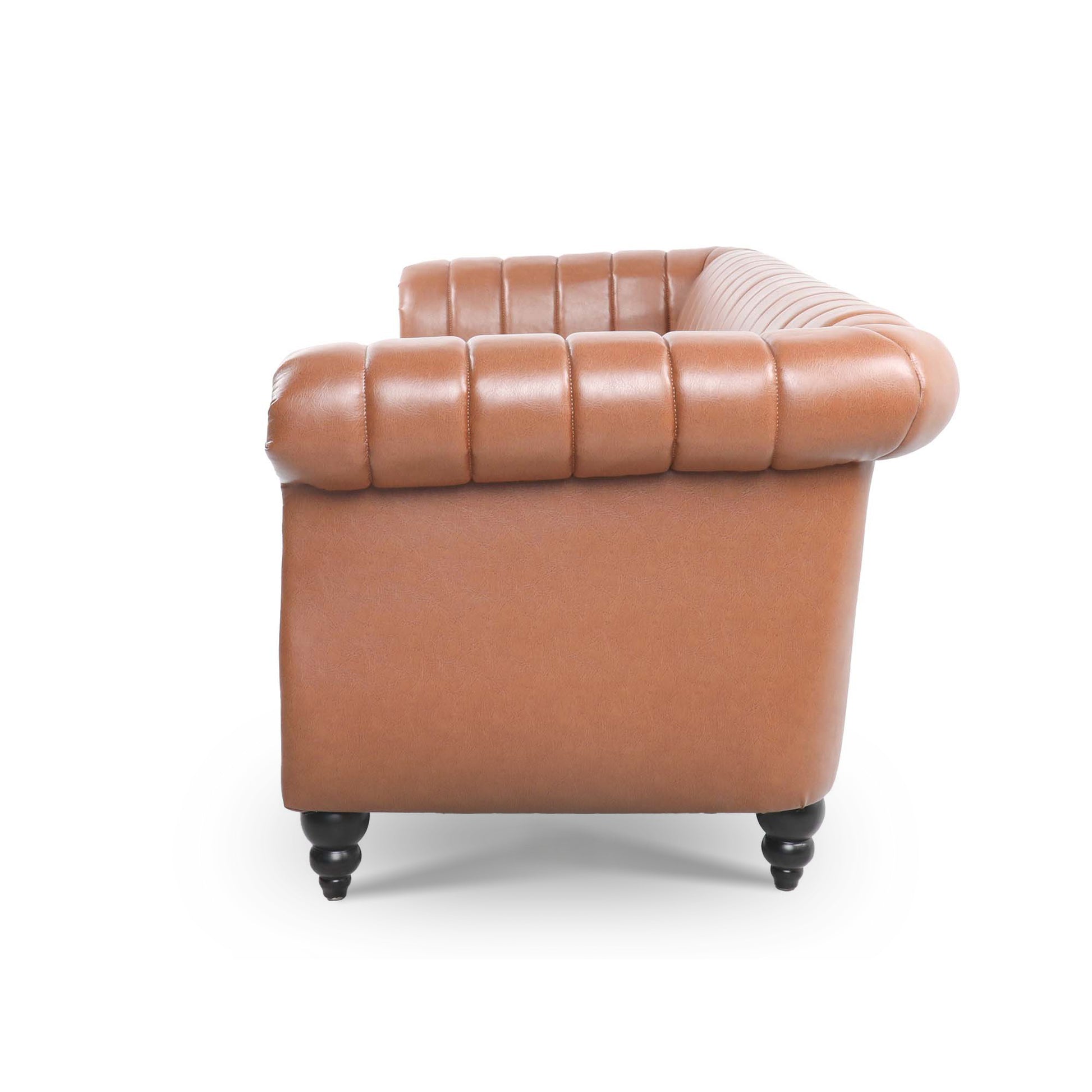 83.46" Brown Pu Rolled Arm Chesterfield Three Seater Sofa. Brown Pu