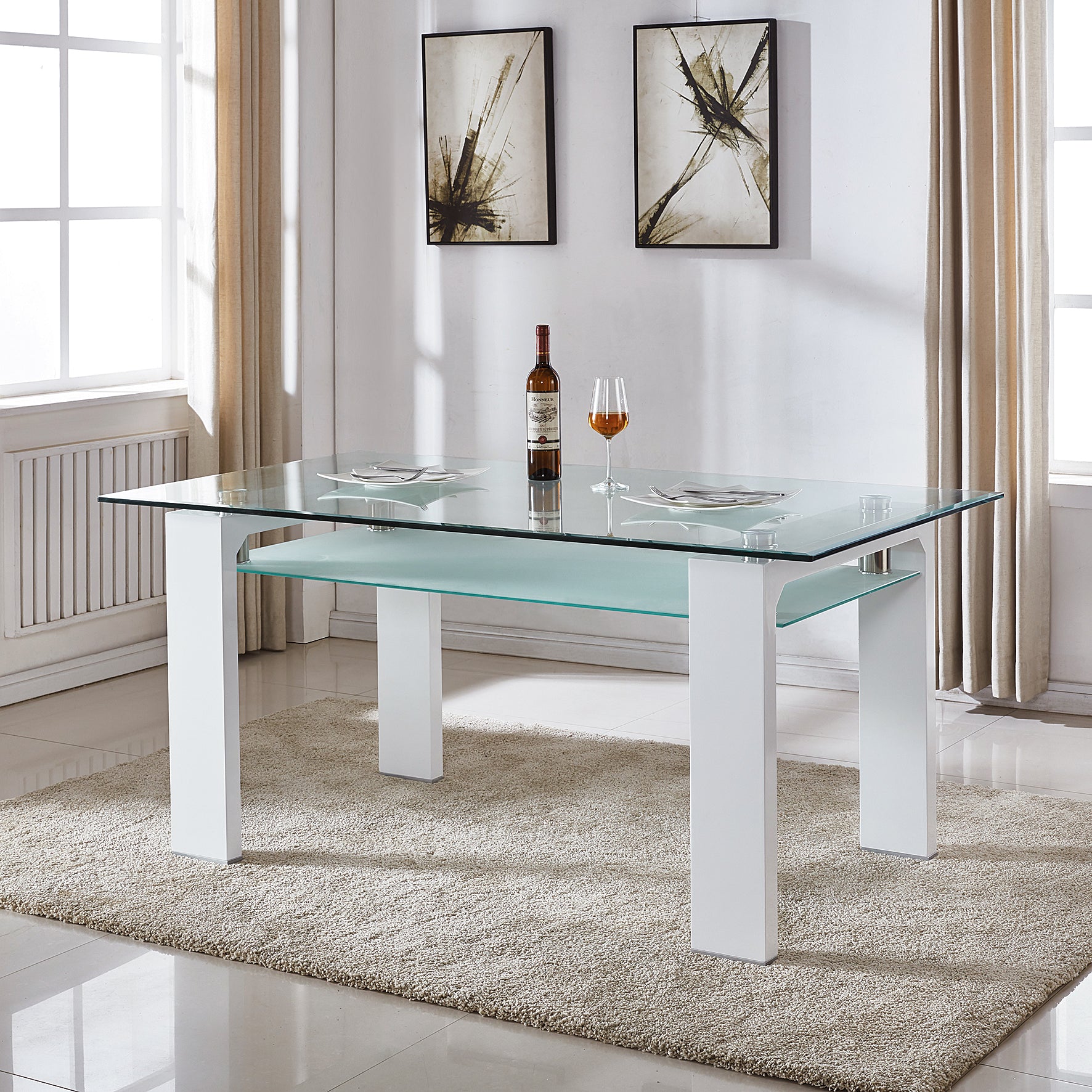 Double Layer Tempered Glass Rectangular Dining Table White Glass