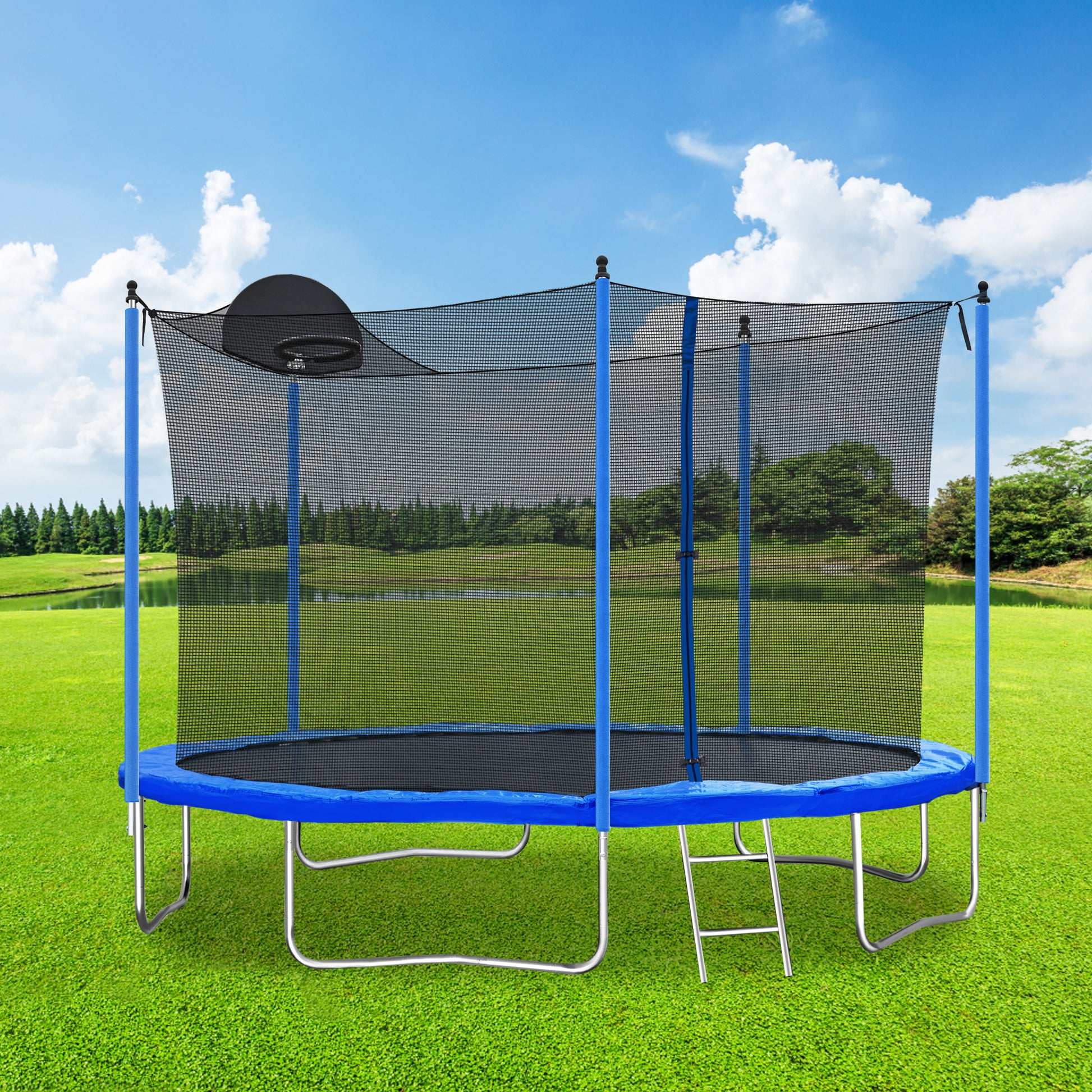 12Ft Trampoline For Adults & Kids With Basketball Hoop, Outdoor Trampolines W Ladder And Safety Enclosure Net For Kids And Adults Blue Metal