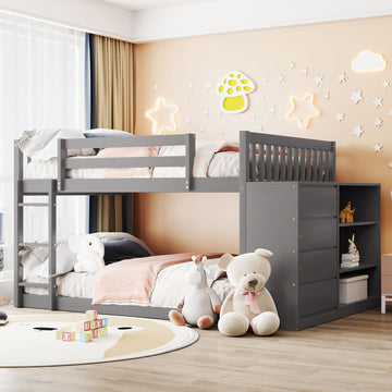 Full Over Full Bunk Bed With 4 Drawers And 3 Shelves Gray Gray Solid Wood