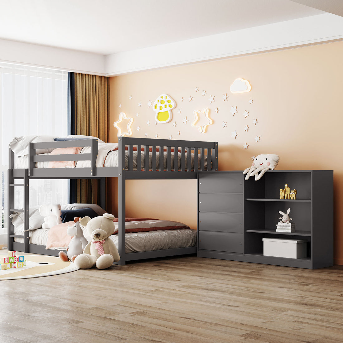 Full Over Full Bunk Bed With 4 Drawers And 3 Shelves Gray Gray Solid Wood