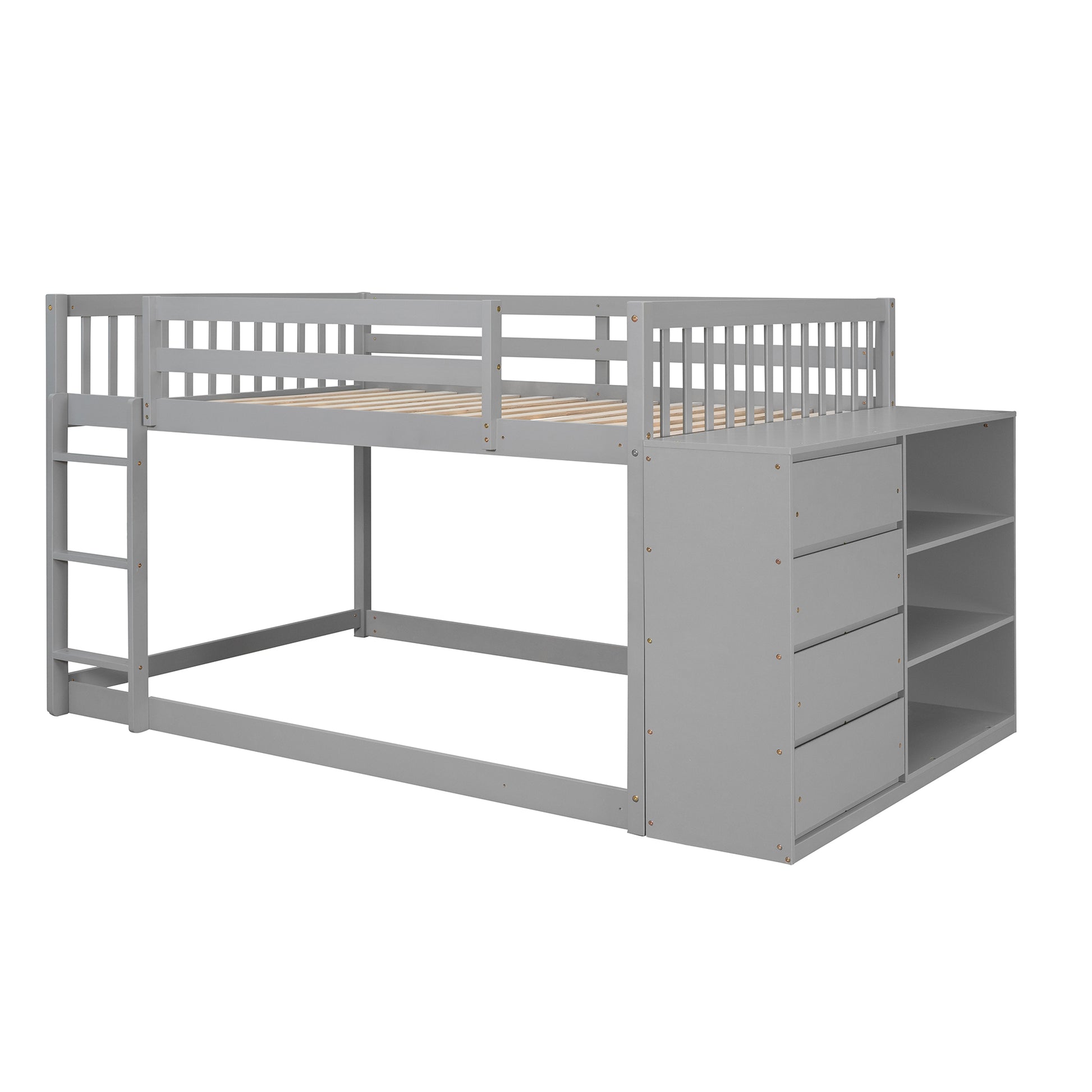 Full Over Full Bunk Bed With 4 Drawers And 3 Shelves Gray Gray Solid Wood