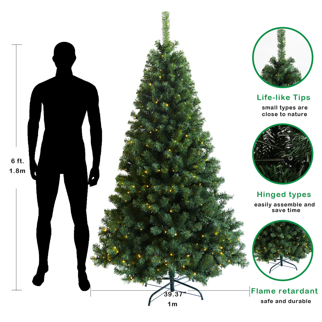 Pre Lit Christmas Tree 6Ft Artificial Hinged Xmas Tree With Foldable Stand Green Polyester