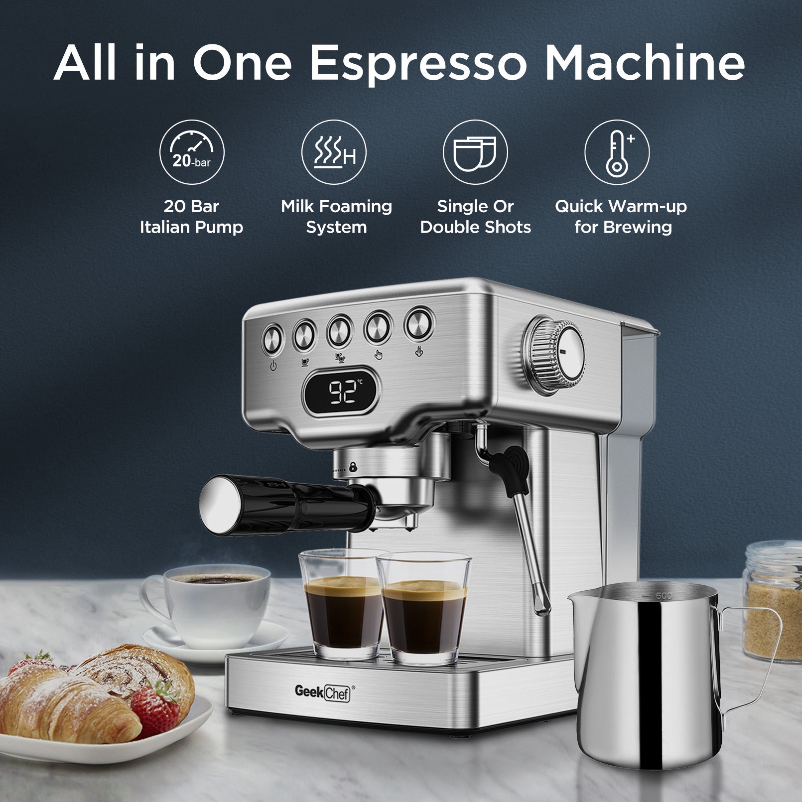 Geek Chef Espresso Machine,20 Bar Espresso Machine With Milk Frother For Latte,Cappuccino,Machiato,For Home Espresso Maker,1.8L Water Tank,Stainless Steel Complimentary Ese Filter Ban On , Temu Silver Stainless Steel