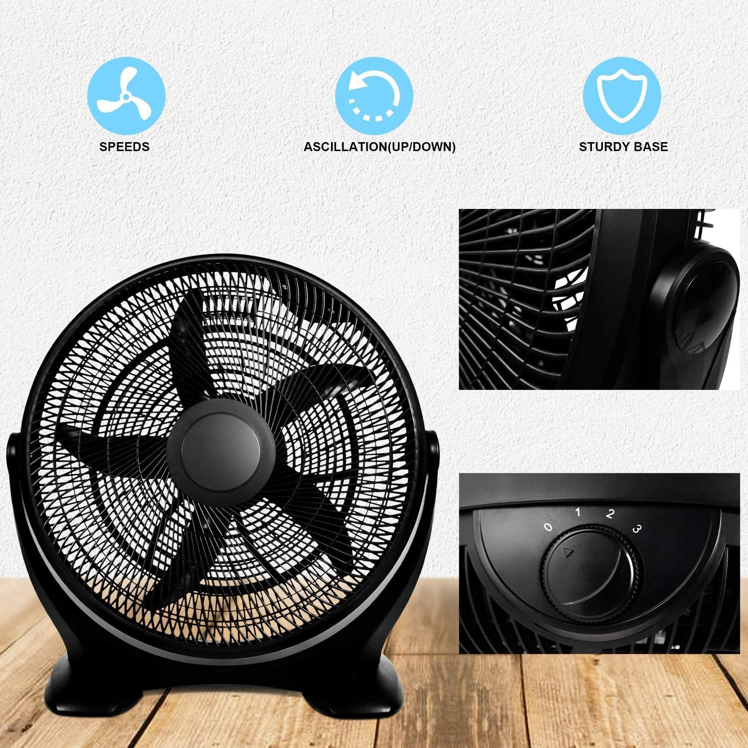 Simple Deluxe 20 Inch 3 Speed Plastic Floor Fans Oscillating Quiet For Home Commercial, Residential, And Greenhouse Use, Outdoor Indoor, Black Black Plastic