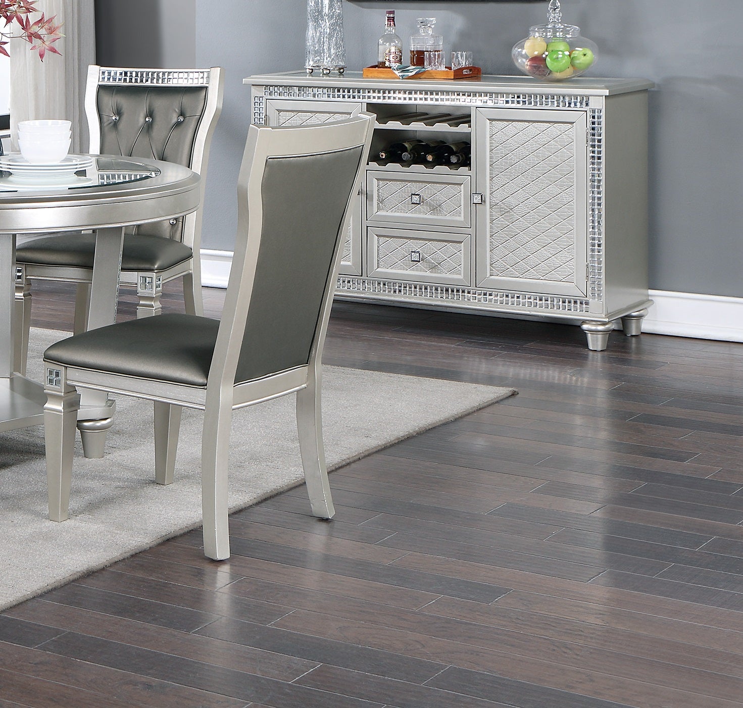 Antique Traditional Dining Table And 6 Side Chairs Rectangle Table Top W Glass Insert Leaf Tufted Chairs Kitchen Formal 7Pc Set Dining Room Furniture Silver Gray Dining Room Classic,Traditional Rubberwood Solid Wood