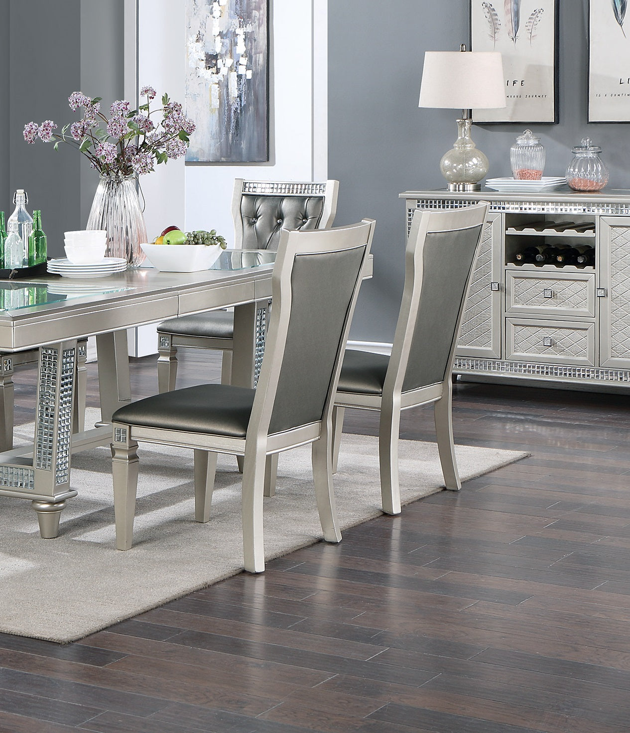 Antique Traditional Dining Table And 6 Side Chairs Rectangle Table Top W Glass Insert Leaf Tufted Chairs Kitchen Formal 7Pc Set Dining Room Furniture Silver Gray Dining Room Classic,Traditional Rubberwood Solid Wood