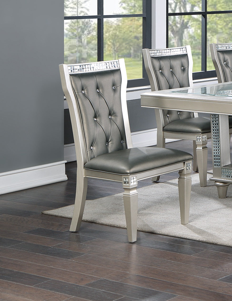 Antique Traditional Dining Table And 6 Side Chairs Rectangle Table Top W Glass Insert Leaf Tufted Chairs Kitchen Formal 7Pc Set Dining Room Furniture Silver Gray Dining Room Classic,Traditional Rubberwood Solid Wood