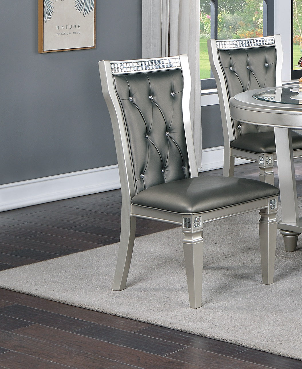 Antique Traditional Dining Table And 6 Side Chairs Rectangle Table Top W Glass Insert Leaf Tufted Chairs Kitchen Formal 7Pc Set Dining Room Furniture Silver Gray Dining Room Classic,Traditional Rubberwood Solid Wood