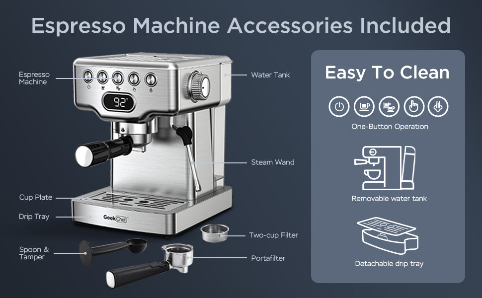 Geek Chef Espresso Machine,20 Bar Espresso Machine With Milk Frother For Latte,Cappuccino,Machiato,For Home Espresso Maker,1.8L Water Tank,Stainless Steel Complimentary Ese Filter Ban On , Temu Silver Stainless Steel