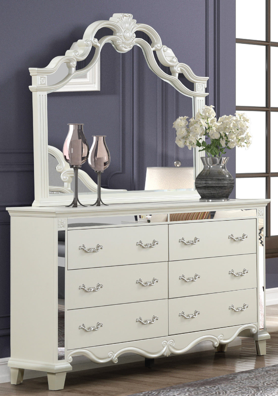 Milan Mirror Framed Dresser Made With Wood In White White Drawer 5 Drawers & Above Bedroom Ball Bearing Glides Contemporary,Modern Solid Wood Mdf Wood