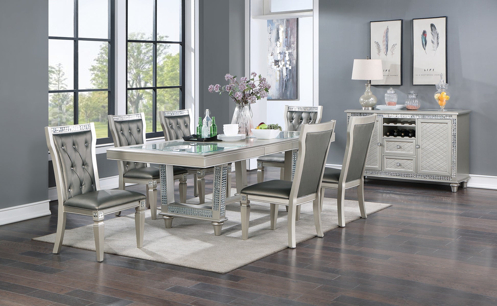 Antique Traditional Dining Table And 6 Side Chairs Rectangle Table Top W Glass Insert Leaf Tufted Chairs Kitchen Formal 7Pc Set Dining Room Furniture Silver Gray Dining Room Classic,Traditional Rubberwood Solid Wood