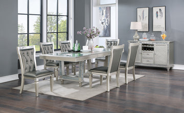 Antique Traditional Dining Table And 6 Side Chairs Rectangle Table Top W Glass Insert Leaf Tufted Chairs Kitchen Formal 7Pc Set Dining Room Furniture Silver Gray Dining Room Classic,Traditional Rubberwood Solid Wood