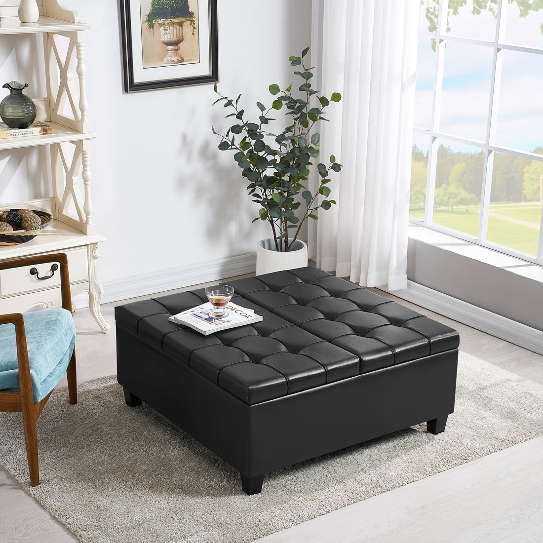 Large Square Faux Leather Storage Ottoman Coffee Table For Living Room & Bedroom Black Black Foam Pu