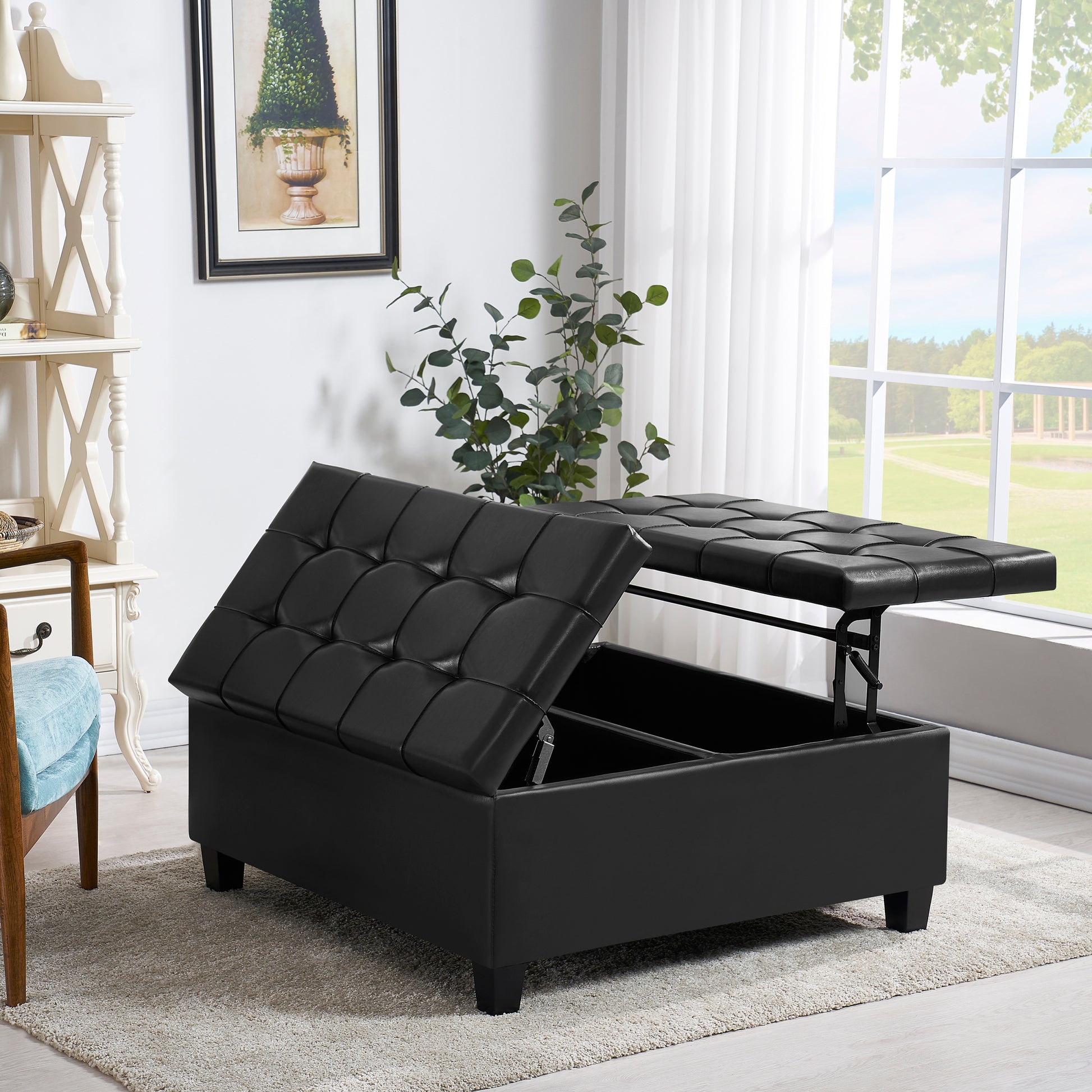 Large Square Faux Leather Storage Ottoman Coffee Table For Living Room & Bedroom Black Black Foam Pu