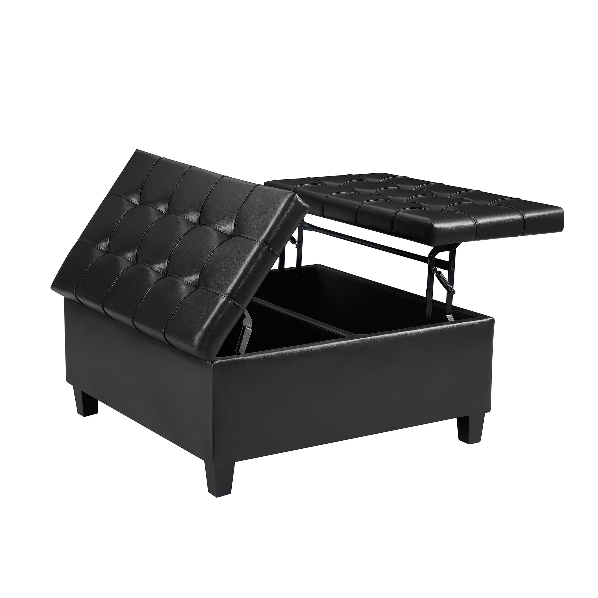 Large Square Faux Leather Storage Ottoman Coffee Table For Living Room & Bedroom Black Black Foam Pu