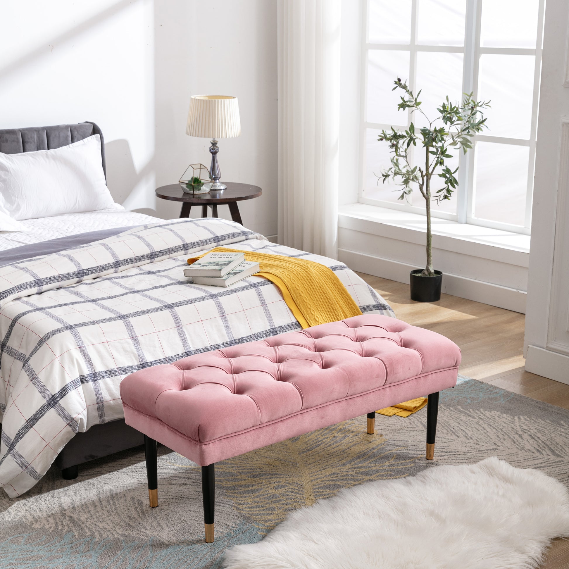 Tufted Bench Modern Velvet Button Upholstered Ottoman Enches Bedroom Rectangle Fabric Footstool With Metal Legs For Living Room Entryway,Pink Pink Foam Fabric