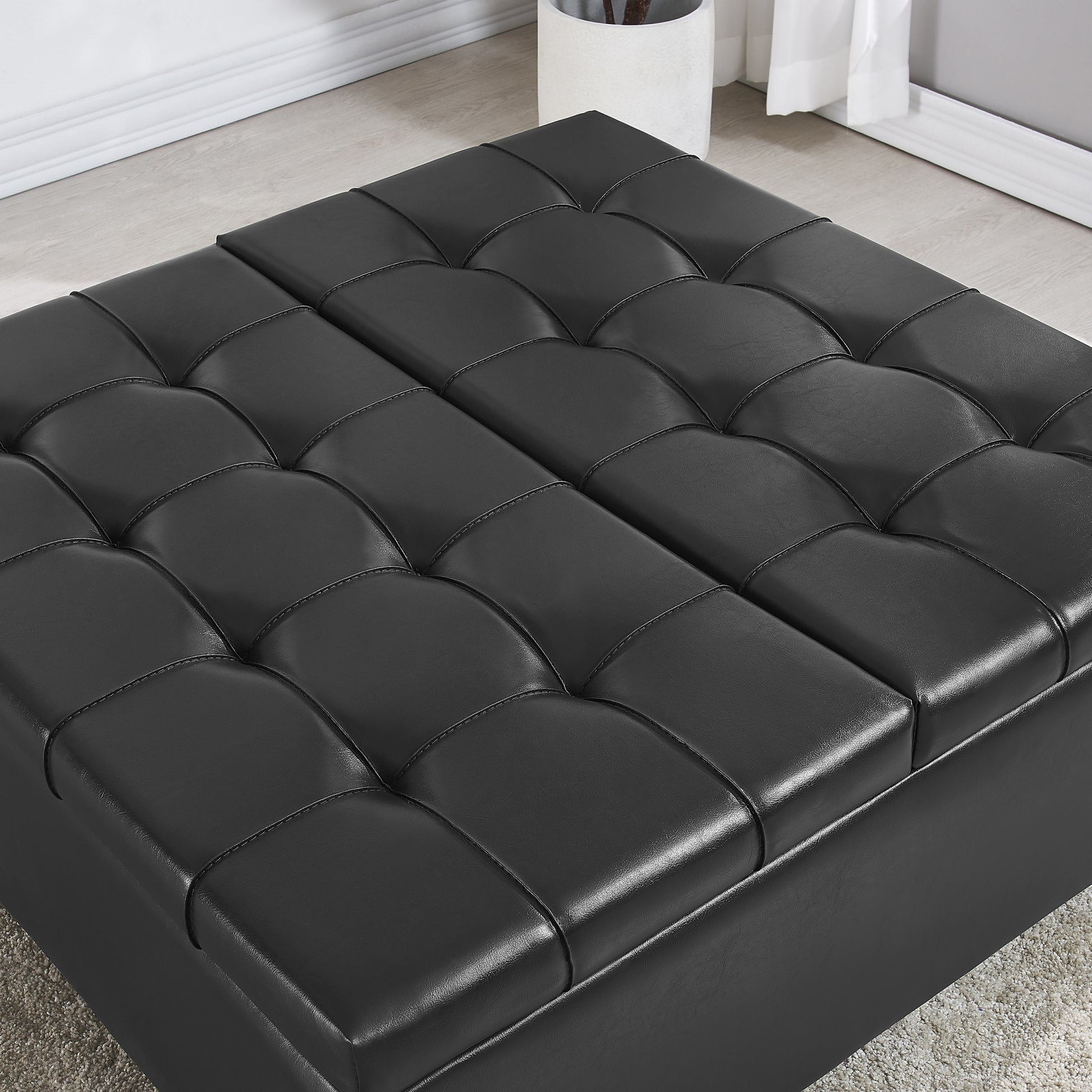 Large Square Faux Leather Storage Ottoman Coffee Table For Living Room & Bedroom Black Black Foam Pu