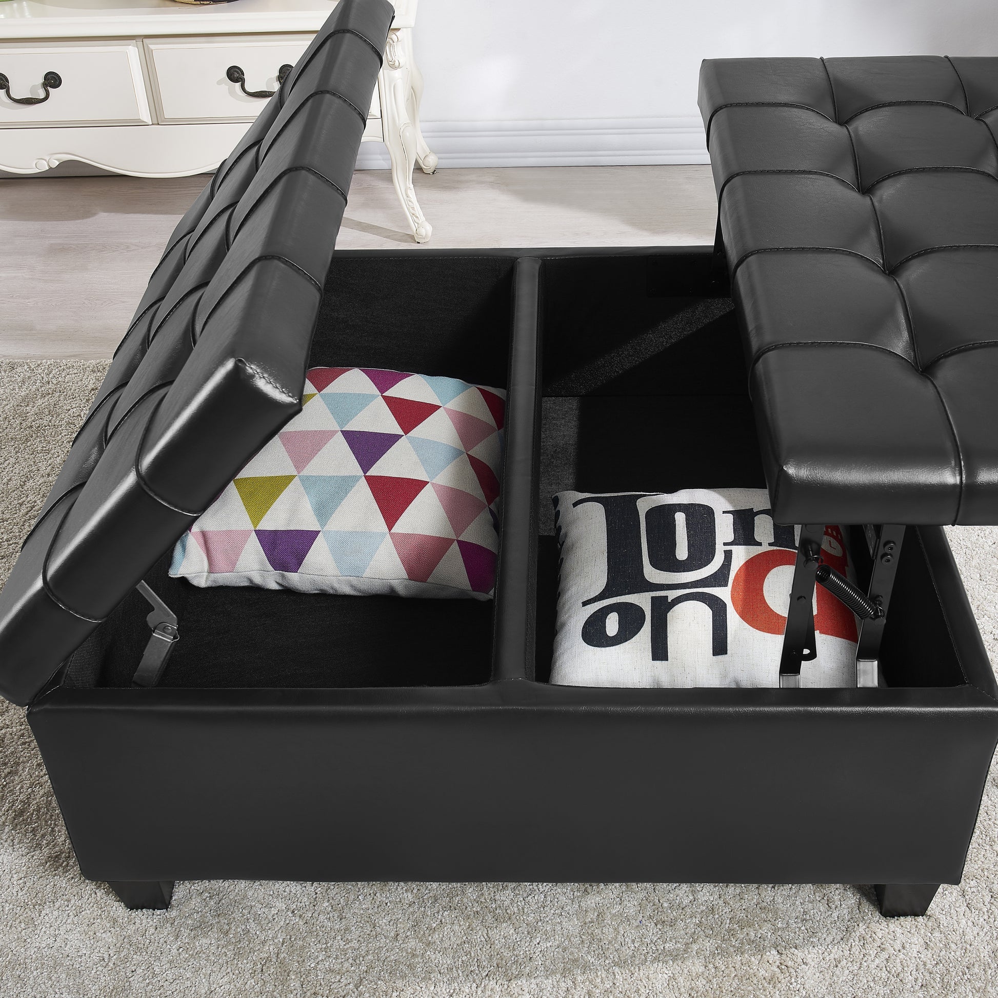 Large Square Faux Leather Storage Ottoman Coffee Table For Living Room & Bedroom Black Black Foam Pu