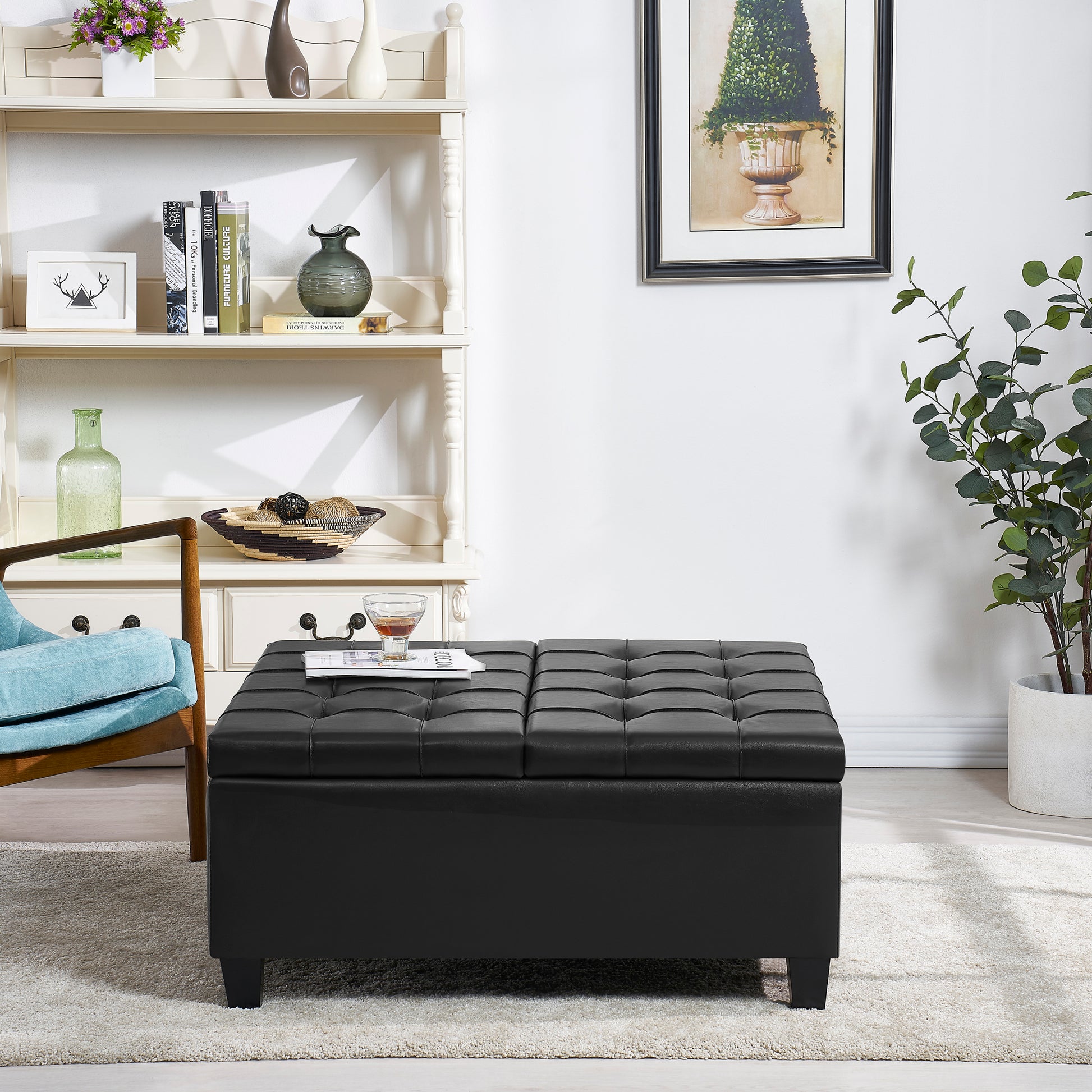 Large Square Faux Leather Storage Ottoman Coffee Table For Living Room & Bedroom Black Black Foam Pu