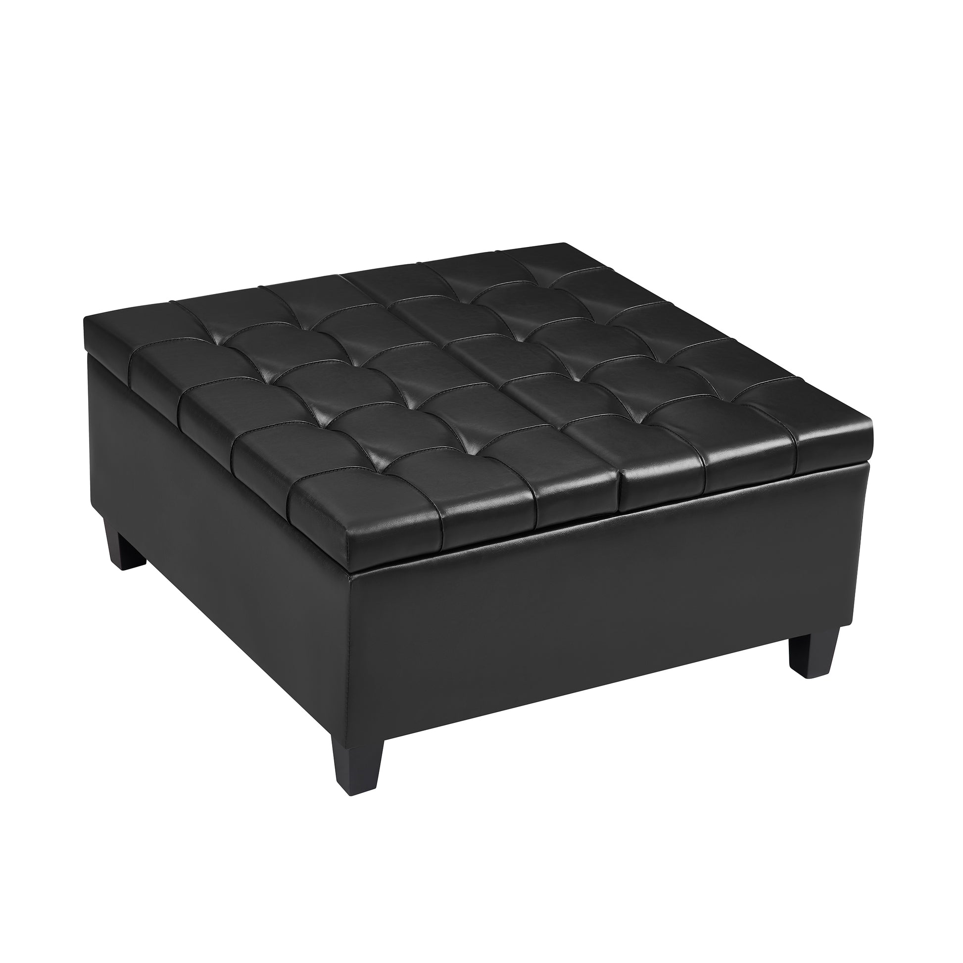 Large Square Faux Leather Storage Ottoman Coffee Table For Living Room & Bedroom Black Black Foam Pu