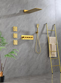 Wall Mounted Waterfall Rain Shower System With 3 Body Sprays & Handheld Shower Gold Brass